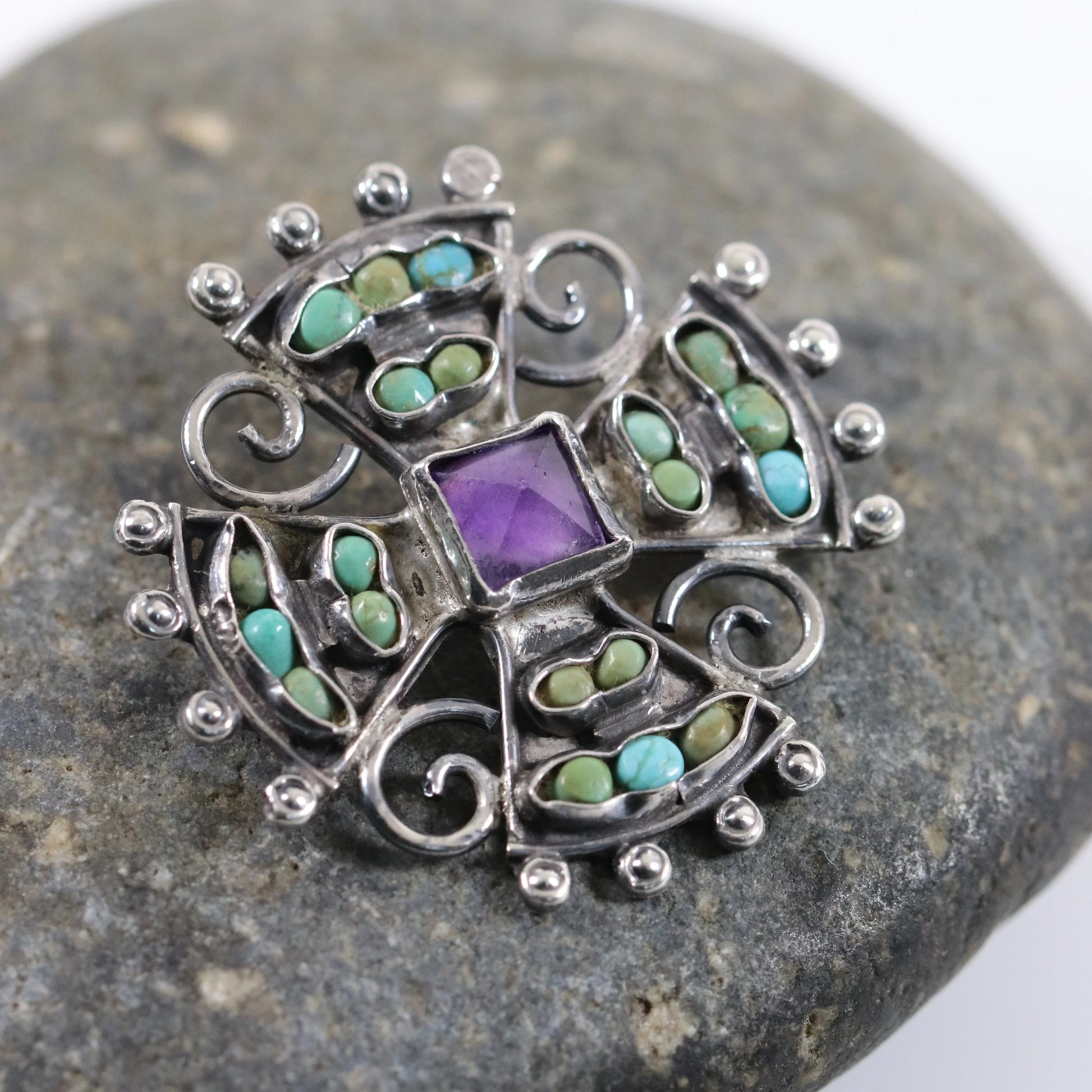 SOLD OUT: MATL Petite Multi-Stone Matilde Poulat Brooch | Vintage Sterling Silver | Amethyst and Turquoise Pin Mid Century Mexico - Carmel Fine Silver Jewelry