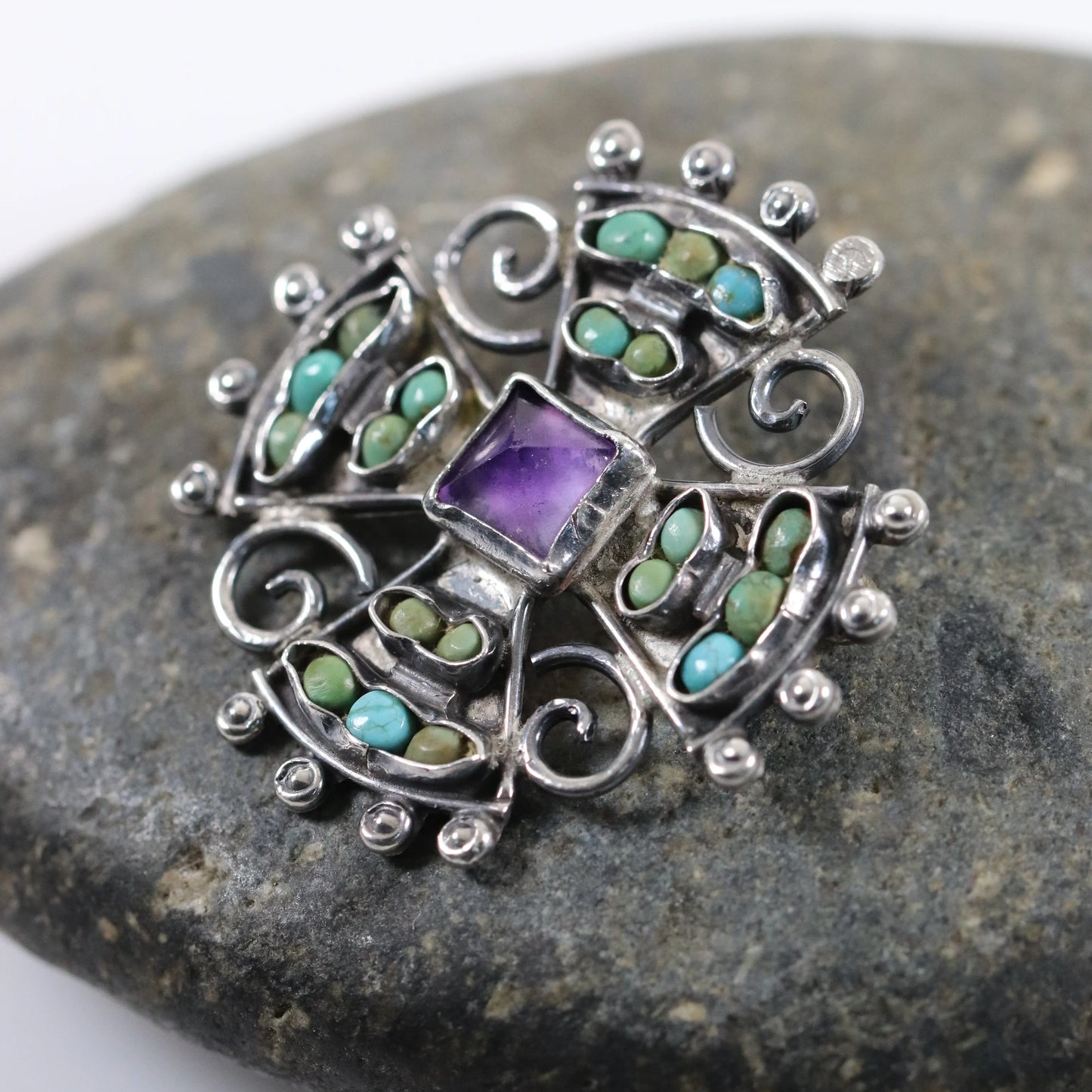 SOLD OUT: MATL Petite Multi-Stone Matilde Poulat Brooch | Vintage Sterling Silver | Amethyst and Turquoise Pin Mid Century Mexico - Carmel Fine Silver Jewelry