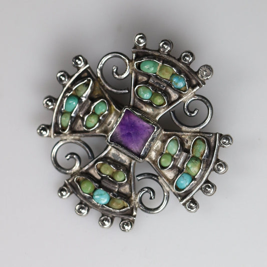 SOLD OUT: MATL Petite Multi-Stone Matilde Poulat Brooch | Vintage Sterling Silver | Amethyst and Turquoise Pin Mid Century Mexico - Carmel FSJ
