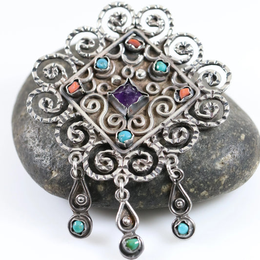 SOLD OUT: MATL Style Multi-Stone Taxco Brooch | Vintage Sterling Silver | Amethyst, Coral and Turquoise Pin Mid-Century Mexico - Carmel Fine Silver Jewelry