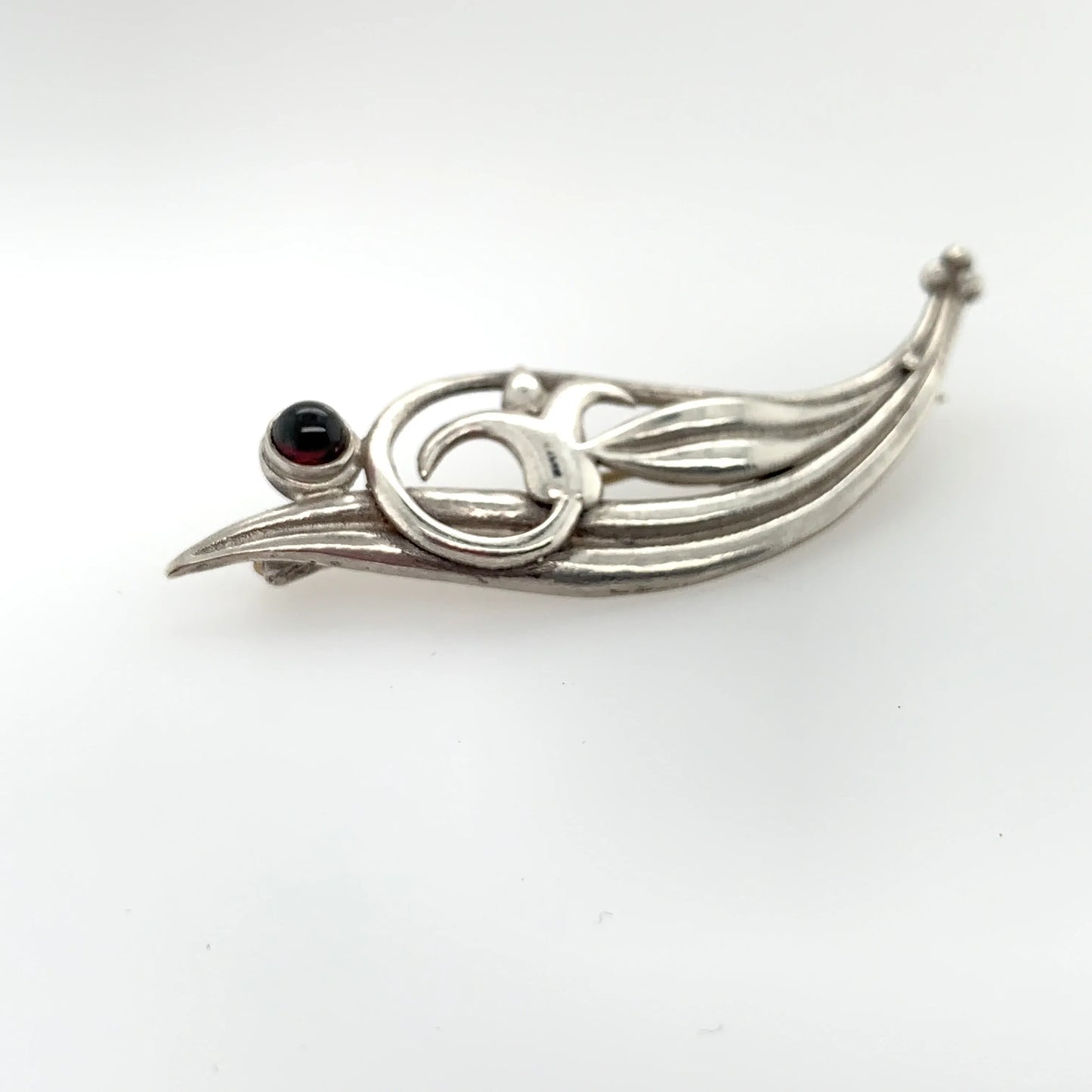 SOLD OUT: Mid-Century Modernist Brooch with Small Red Cabochon Stone | Vintage Sterling Silver - Carmel Fine Silver Jewelry