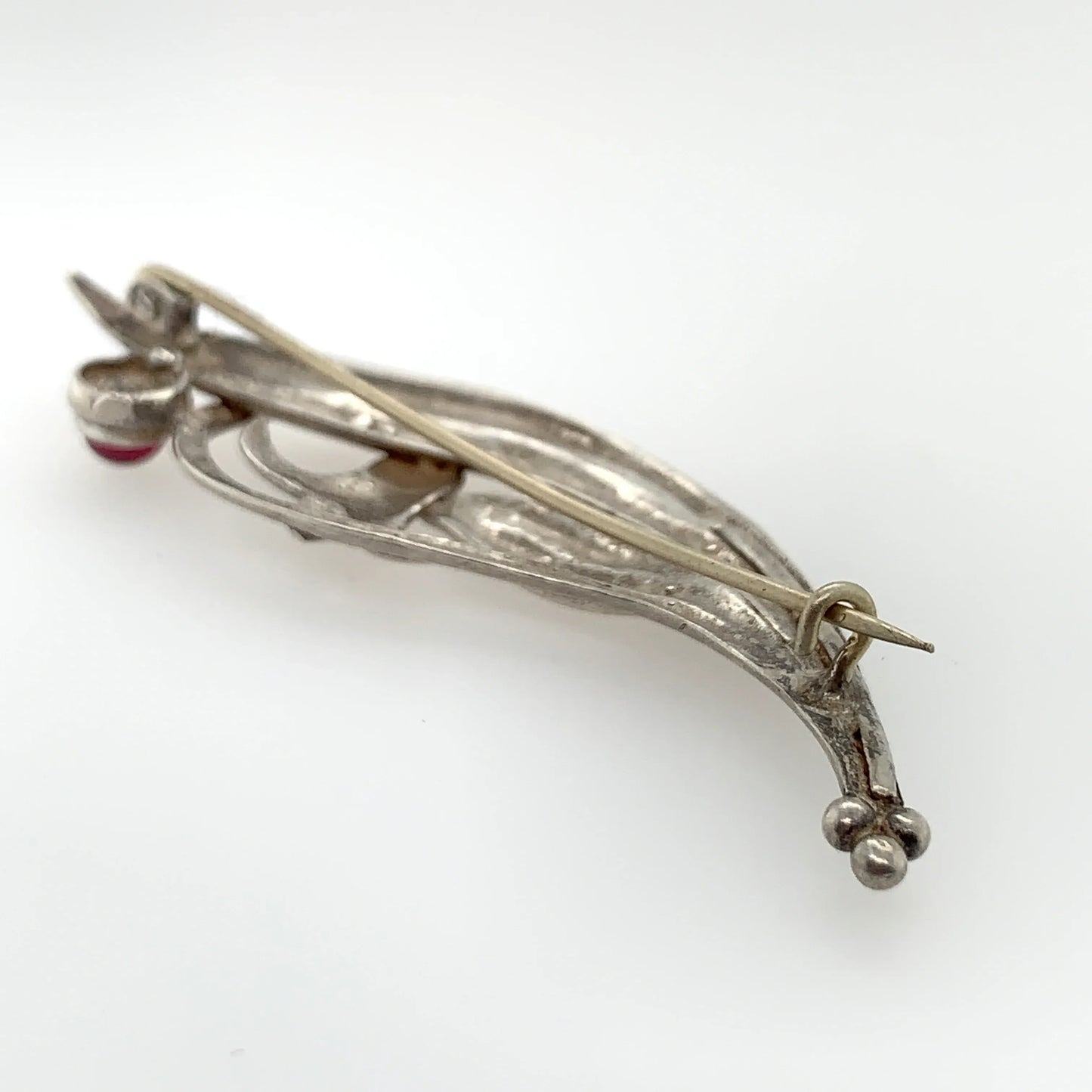 SOLD OUT: Mid-Century Modernist Brooch with Small Red Cabochon Stone | Vintage Sterling Silver - Carmel Fine Silver Jewelry