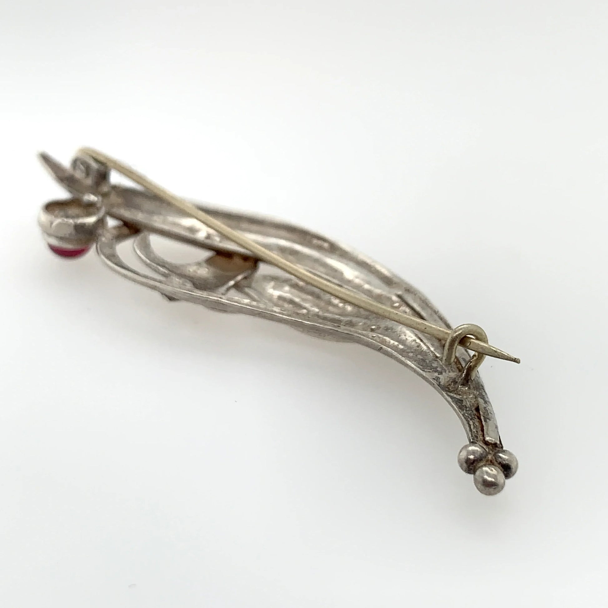 SOLD OUT: Mid-Century Modernist Brooch with Small Red Cabochon Stone | Vintage Sterling Silver - Carmel Fine Silver Jewelry