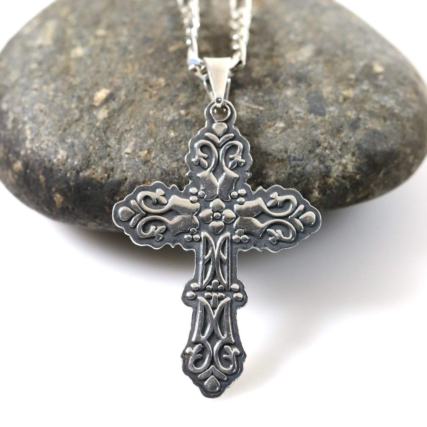 SOLD OUT: Ornate Mexican Cross Pendant Necklace | Vintage Sterling Silver | 20" Figaro Chain - Carmel Fine Silver Jewelry