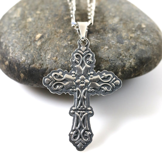 SOLD OUT: Ornate Mexican Cross Pendant Necklace | Vintage Sterling Silver | 20" Figaro Chain - Carmel Fine Silver Jewelry