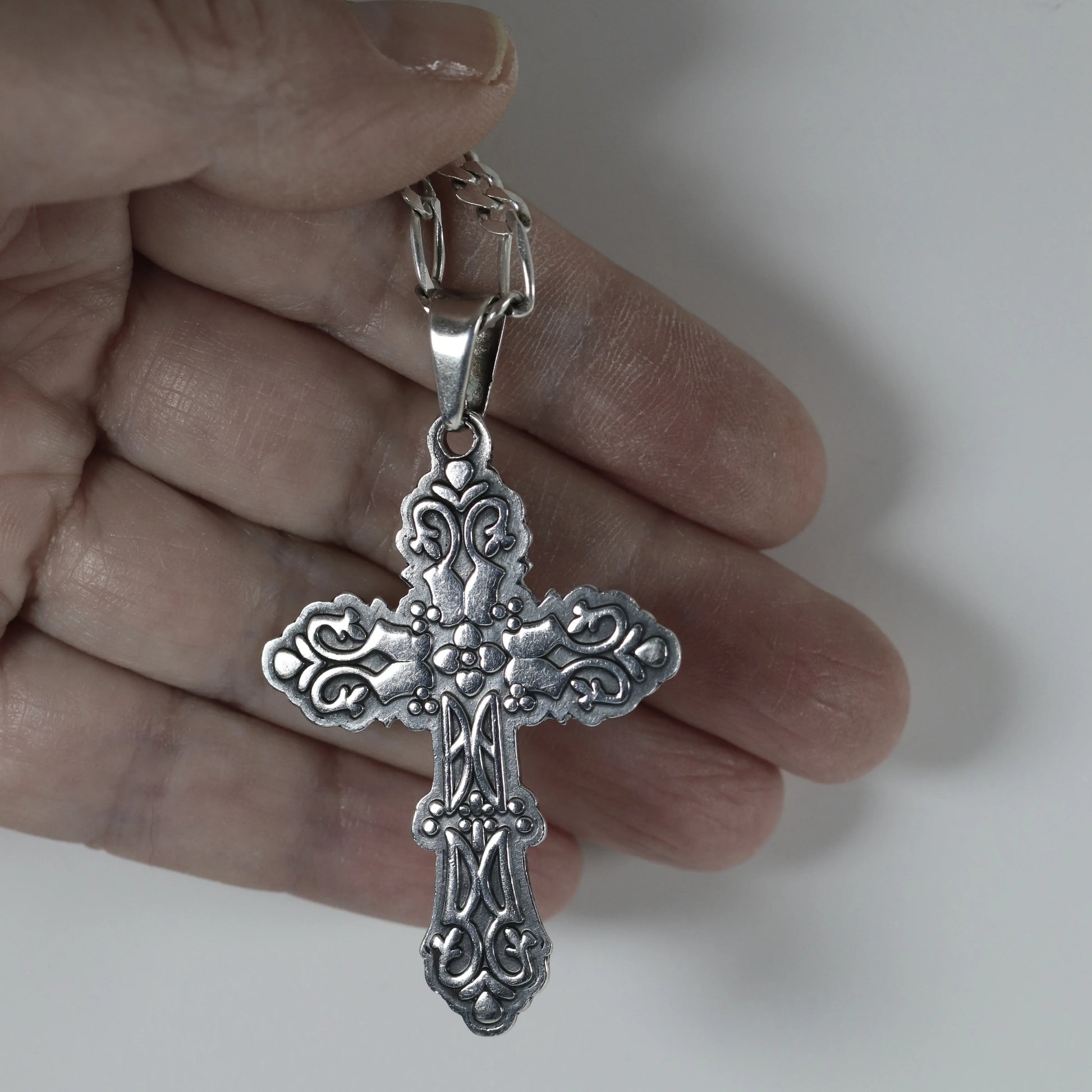 SOLD OUT: Ornate Mexican Cross Pendant Necklace | Vintage Sterling Silver | 20" Figaro Chain - Carmel Fine Silver Jewelry