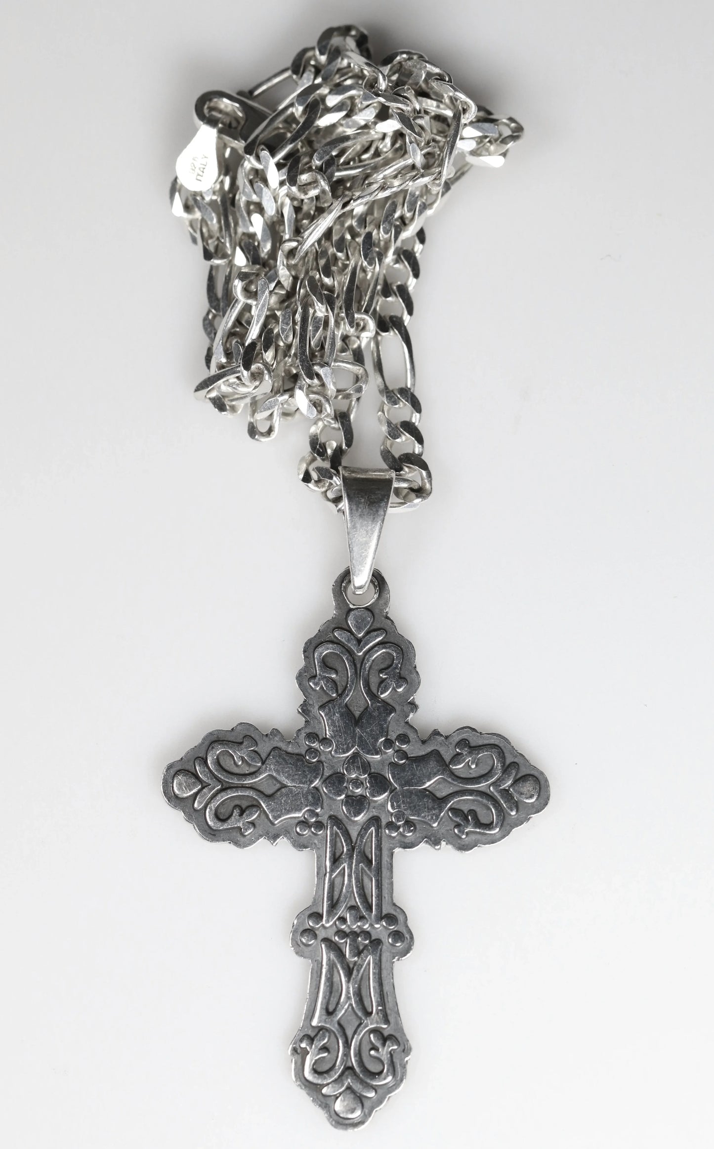 SOLD OUT: Ornate Mexican Cross Pendant Necklace | Vintage Sterling Silver | 20" Figaro Chain - Carmel Fine Silver Jewelry