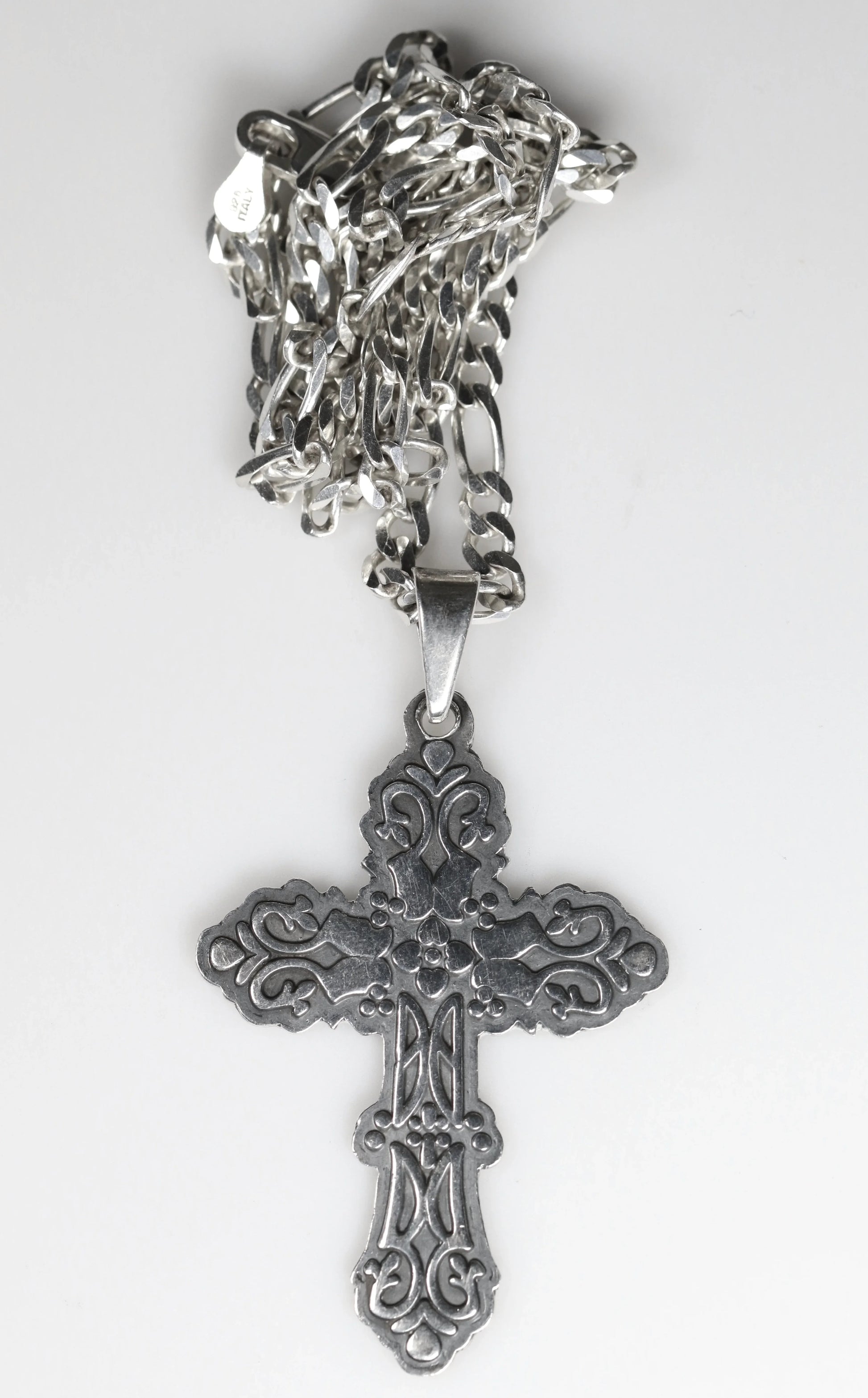 SOLD OUT: Ornate Mexican Cross Pendant Necklace | Vintage Sterling Silver | 20" Figaro Chain - Carmel Fine Silver Jewelry