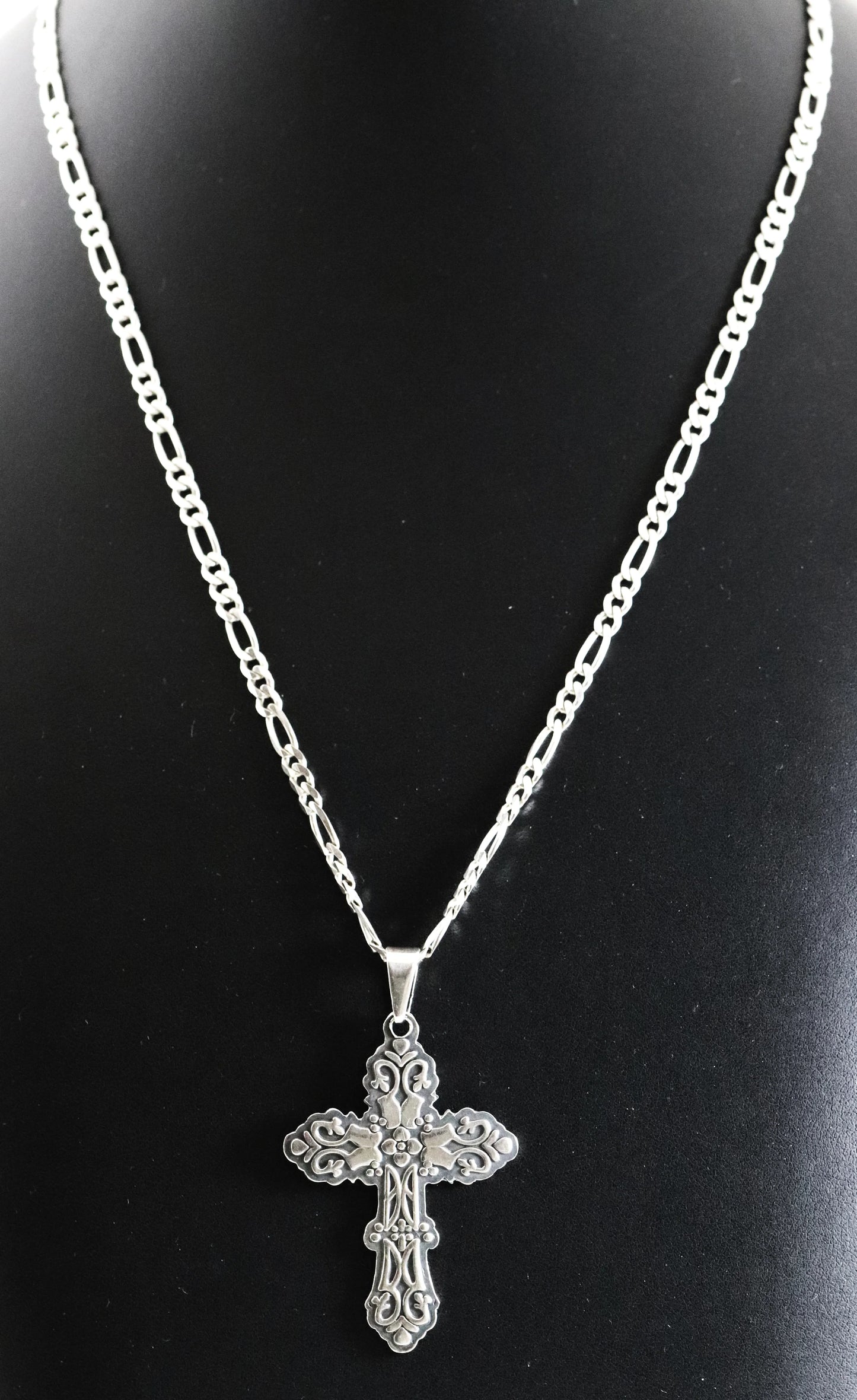 SOLD OUT: Ornate Mexican Cross Pendant Necklace | Vintage Sterling Silver | 20" Figaro Chain - Carmel Fine Silver Jewelry