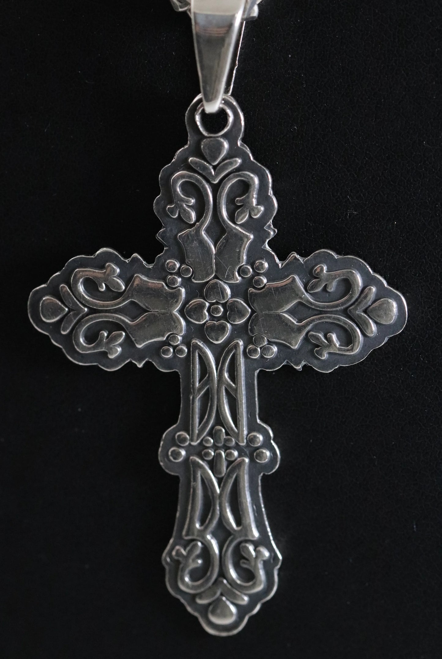 SOLD OUT: Ornate Mexican Cross Pendant Necklace | Vintage Sterling Silver | 20" Figaro Chain - Carmel Fine Silver Jewelry