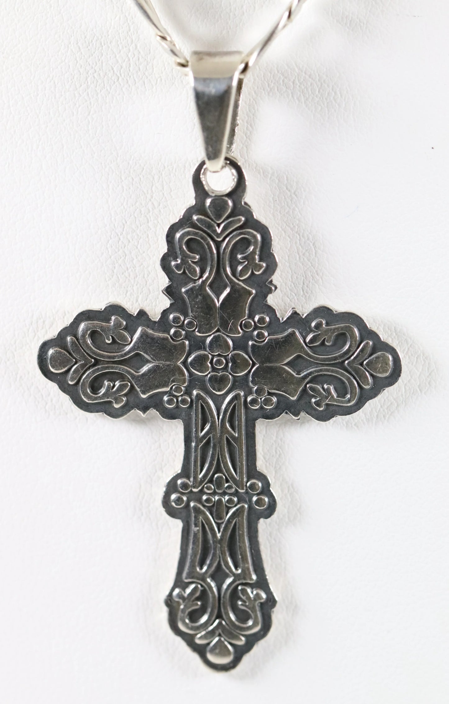 SOLD OUT: Ornate Mexican Cross Pendant Necklace | Vintage Sterling Silver | 20" Figaro Chain - Carmel Fine Silver Jewelry