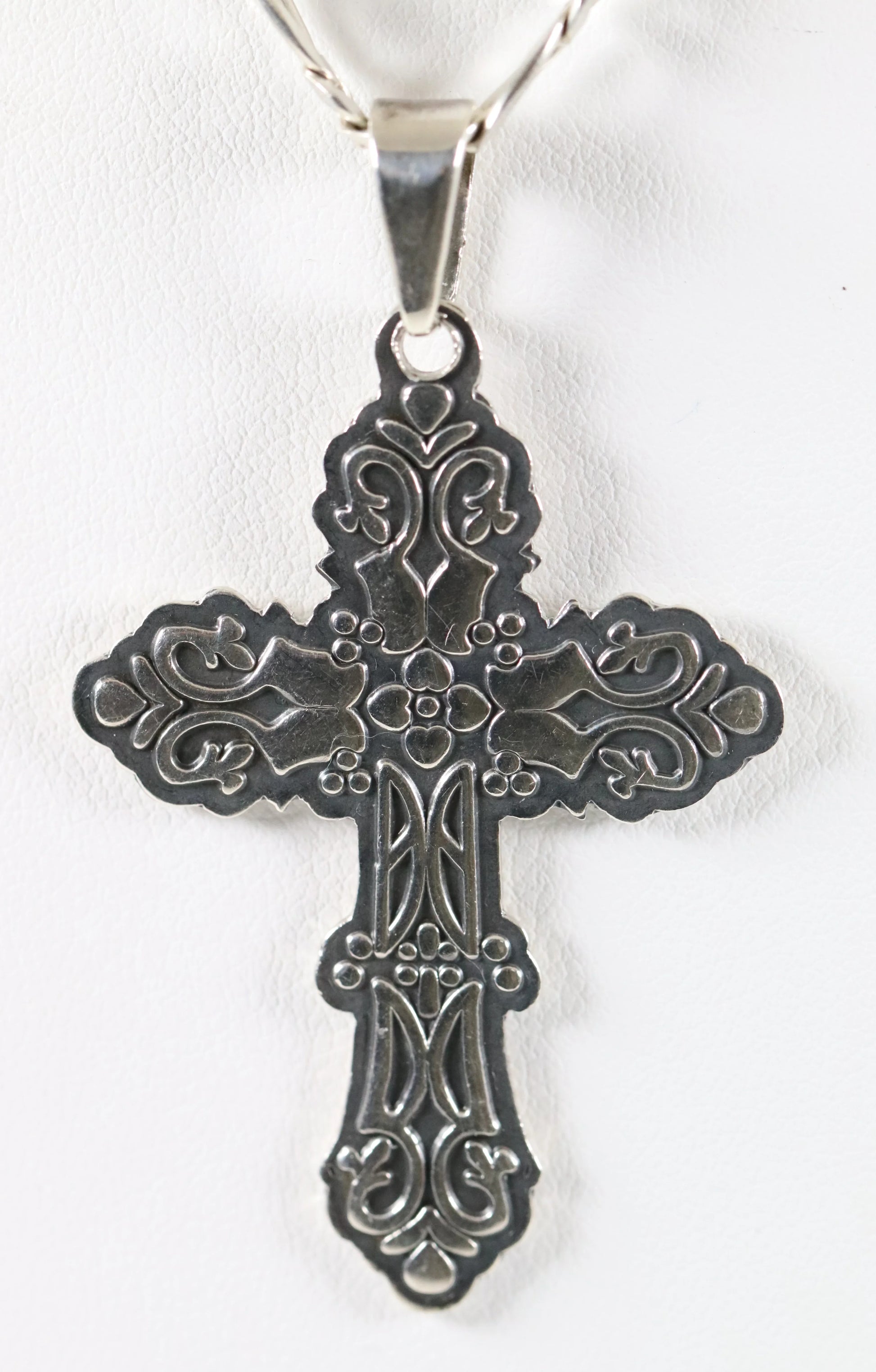 SOLD OUT: Ornate Mexican Cross Pendant Necklace | Vintage Sterling Silver | 20" Figaro Chain - Carmel Fine Silver Jewelry
