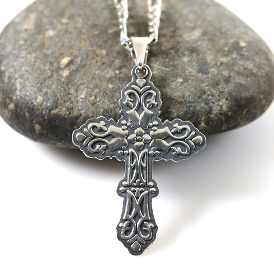 SOLD OUT: Ornate Mexican Cross Pendant Necklace | Vintage Sterling Silver | 20" Figaro Chain - Carmel FSJ