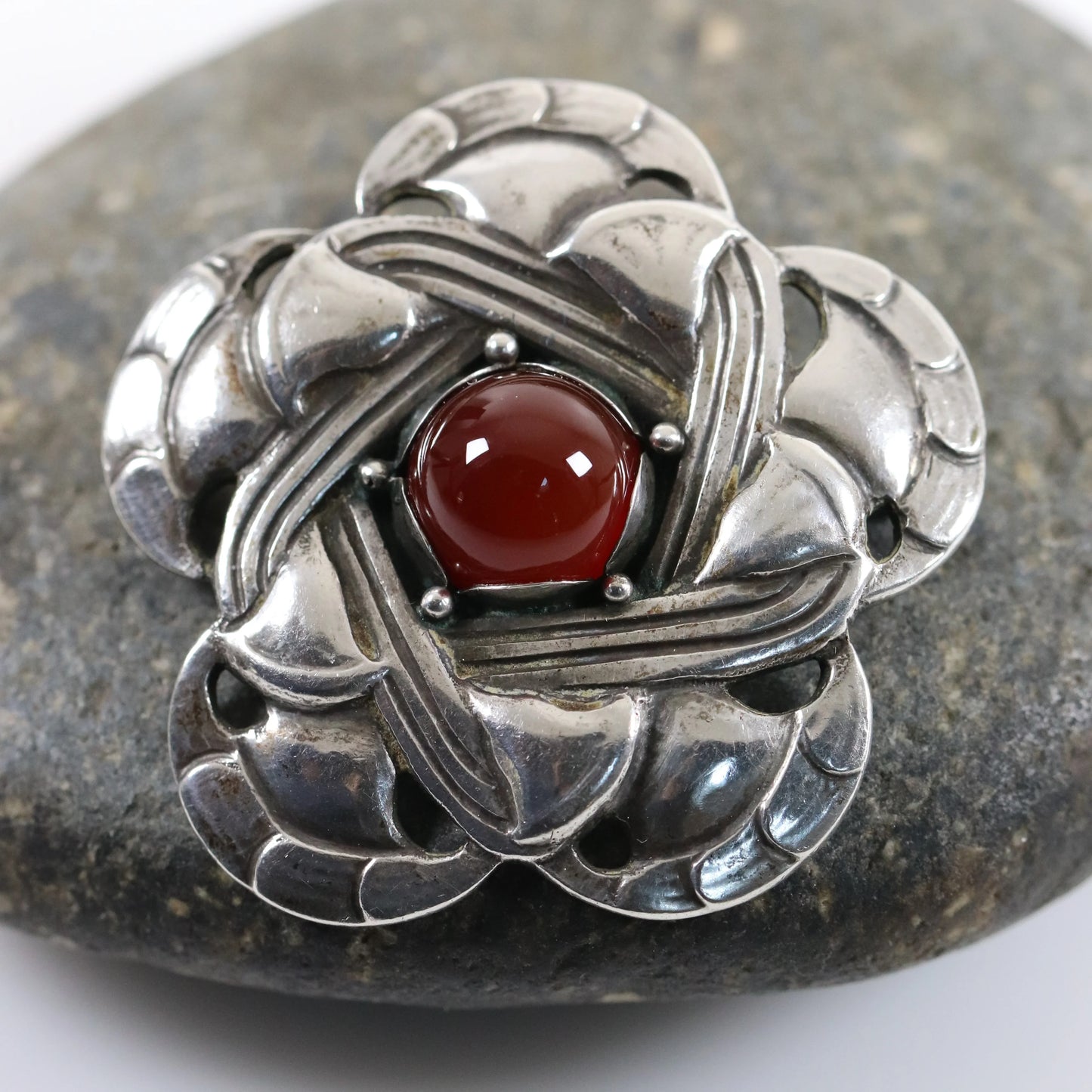 SOLD OUT: Rare Georg Jensen 826S Brooch 12 | Antique Sterling Silver | Carnelian Denmark - Carmel Fine Silver Jewelry