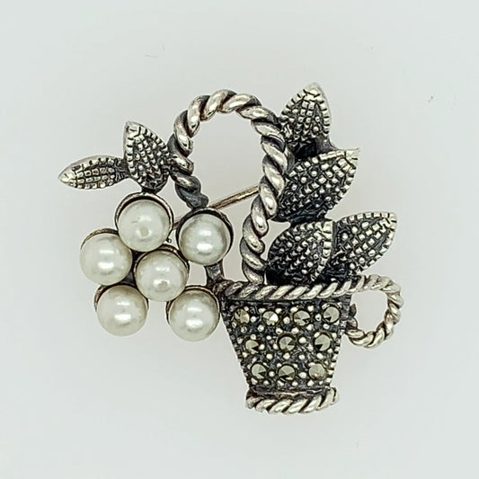 SOLD OUT: Sterling Silver Marcasite Pearl Basket Vintage Pin - Carmel Fine Silver Jewelry