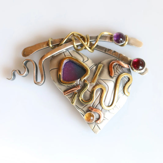 SOLD OUT: Susan Maria Mixed Metal Heart Brooch | Vintage Sterling Silver | Garnet Amethyst Citrine USA - Carmel Fine Silver Jewelry