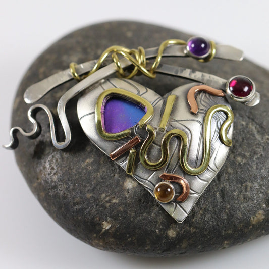 SOLD OUT: Susan Maria Mixed Metal Heart Brooch | Vintage Sterling Silver | Garnet Amethyst Citrine USA - Carmel FSJ