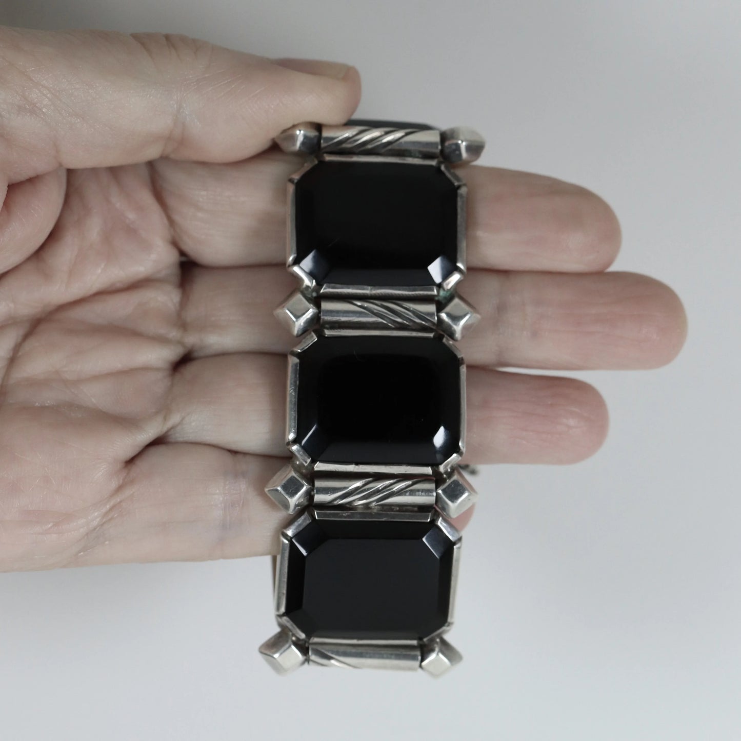 SOLD OUT: Taxco Hector Aguilar Obsidian Panel Bracelet | Vintage Sterling Silver | Signed Mid Century Mexico - Carmel Fine Silver Jewelry