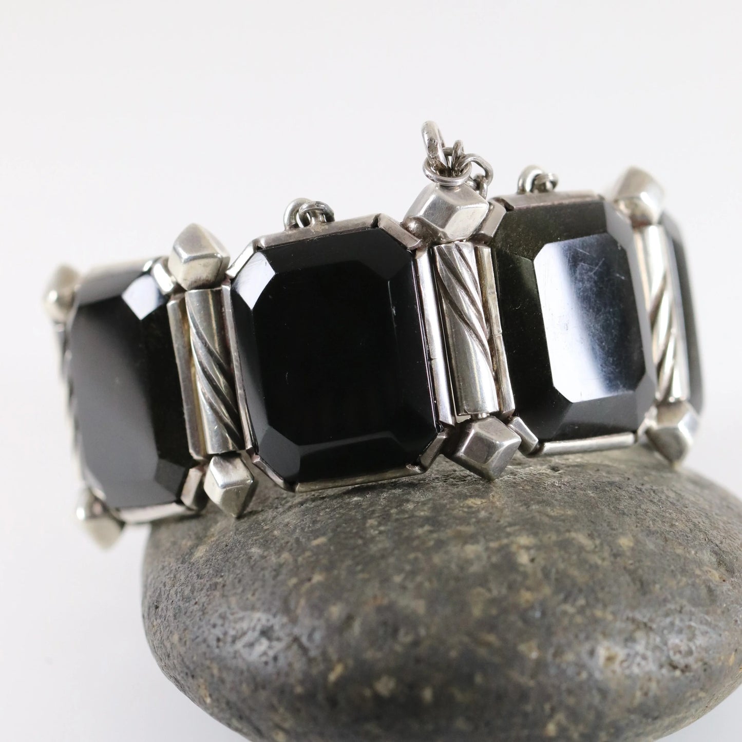 SOLD OUT: Taxco Hector Aguilar Obsidian Panel Bracelet | Vintage Sterling Silver | Signed Mid Century Mexico - Carmel Fine Silver Jewelry