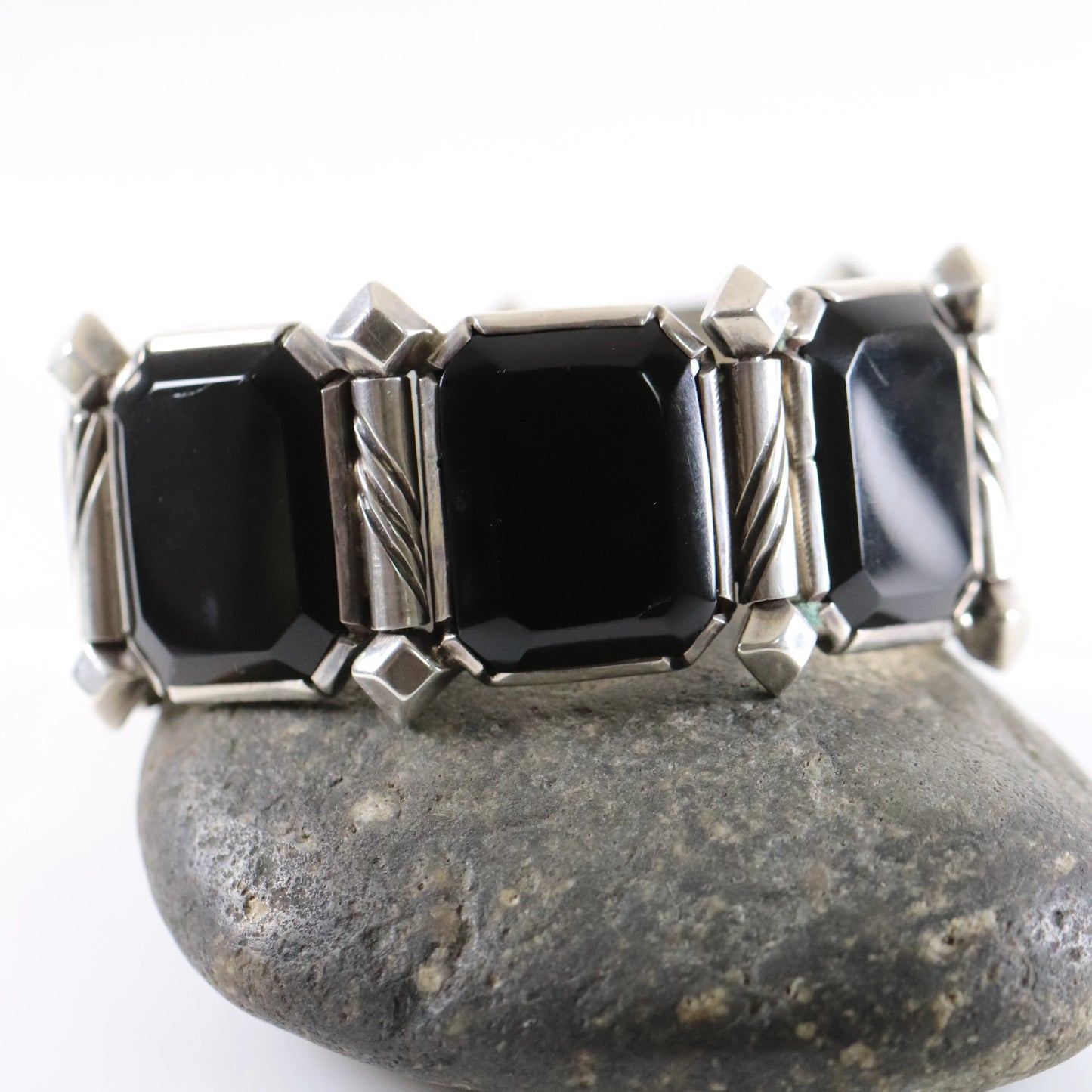 SOLD OUT: Taxco Hector Aguilar Obsidian Panel Bracelet | Vintage Sterling Silver | Signed Mid Century Mexico - Carmel Fine Silver Jewelry
