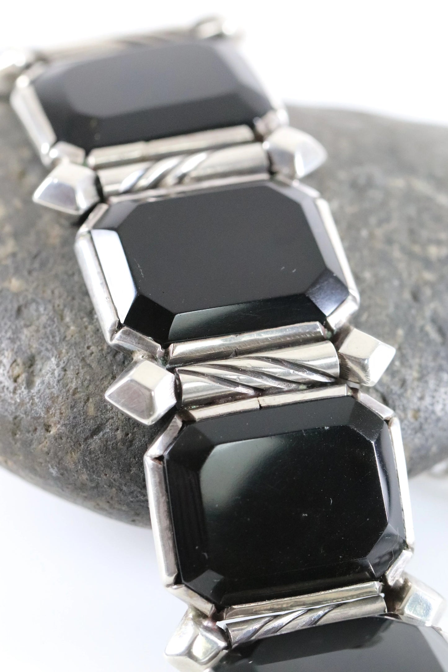 SOLD OUT: Taxco Hector Aguilar Obsidian Panel Bracelet | Vintage Sterling Silver | Signed Mid Century Mexico - Carmel Fine Silver Jewelry
