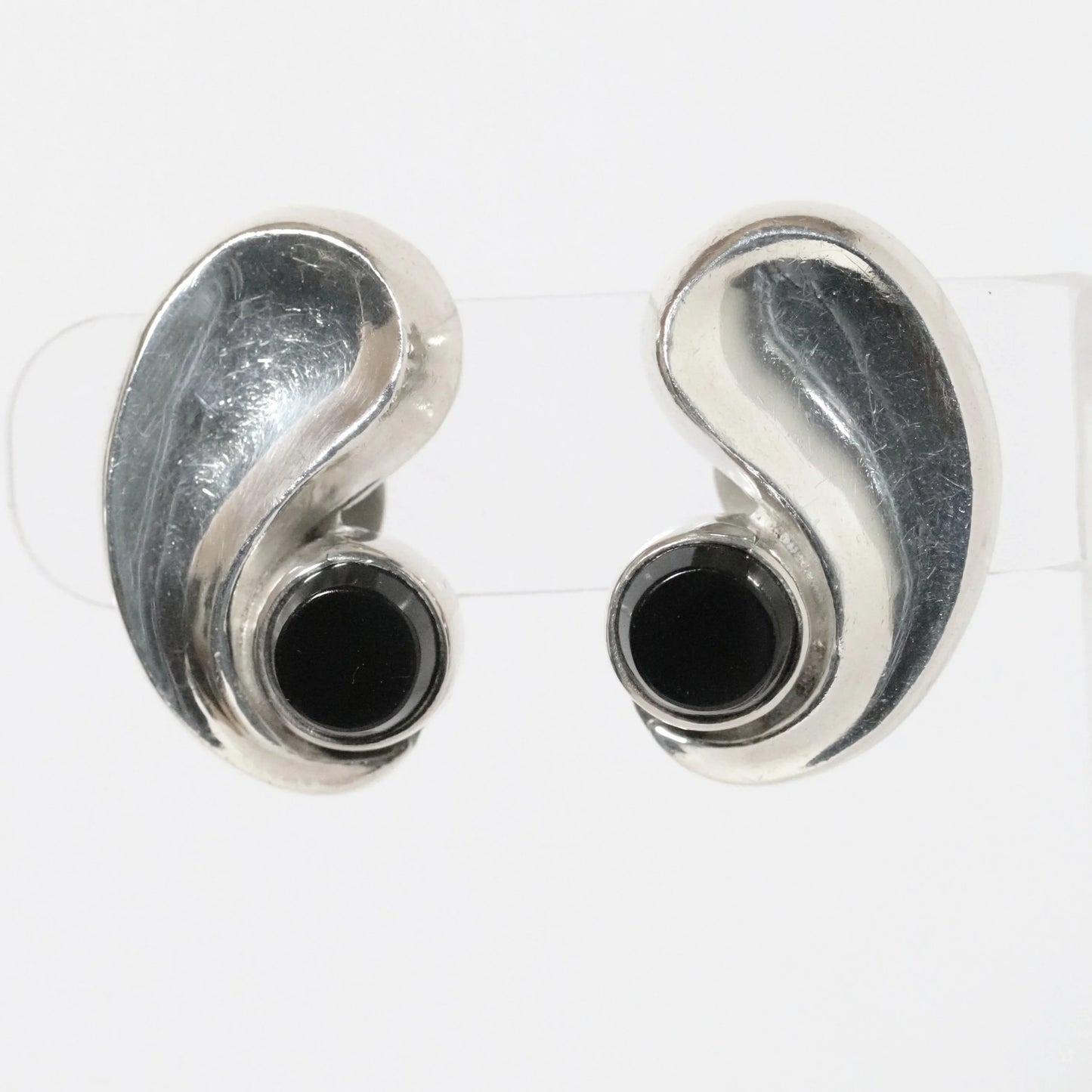 SOLD OUT: Vintage Antonio Pineda Jewelry | Chunky Modernist Onyx Clip Earrings Mexico - Carmel Fine Silver Jewelry