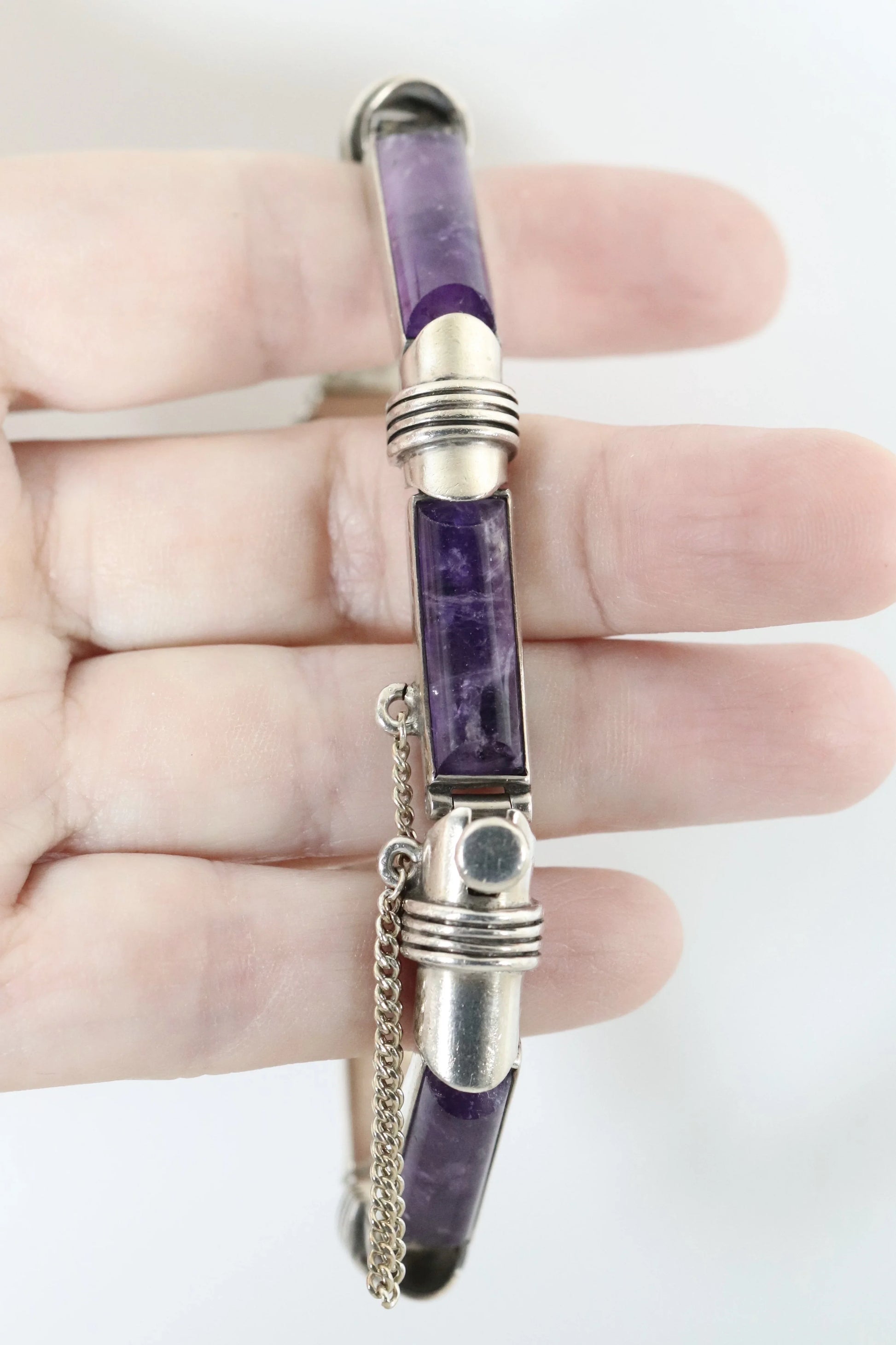 SOLD OUT: Vintage Antonio Pineda Taxco Silver Mexican Jewelry | Modernist Amethyst Silver Hinged Bracelet - Carmel Fine Silver Jewelry