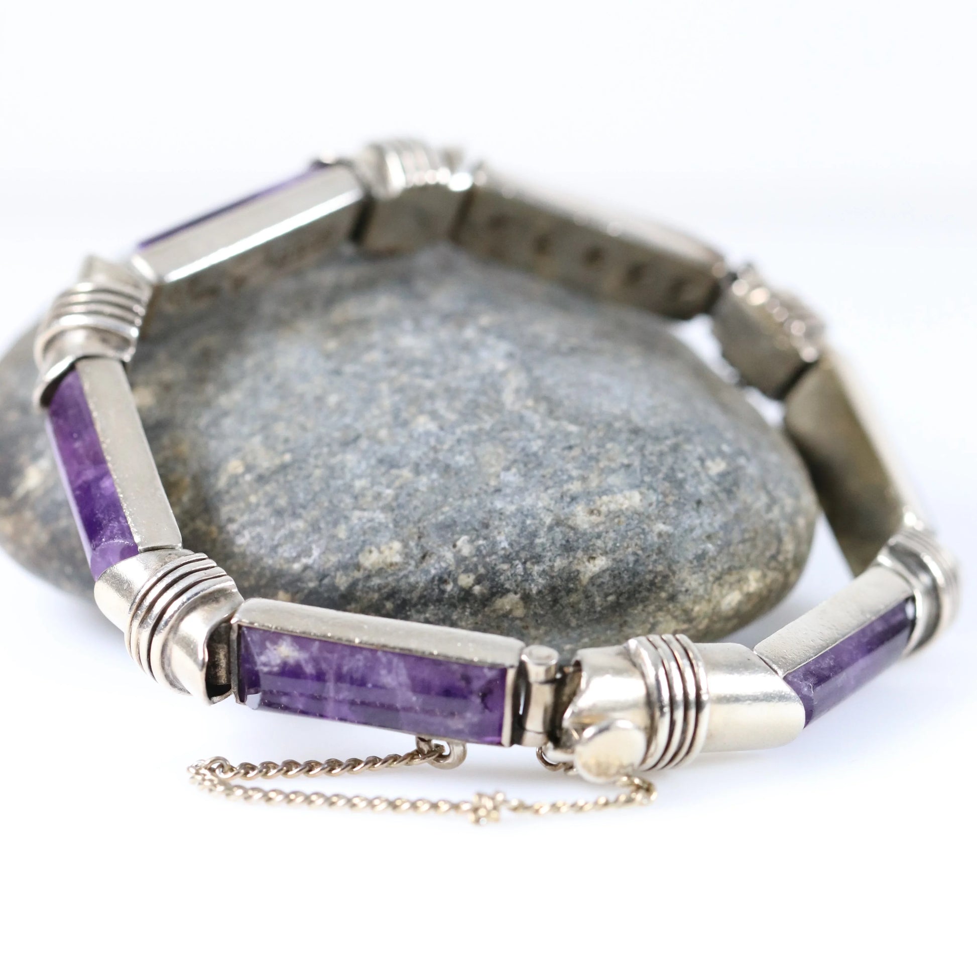 SOLD OUT: Vintage Antonio Pineda Taxco Silver Mexican Jewelry | Modernist Amethyst Silver Hinged Bracelet - Carmel Fine Silver Jewelry