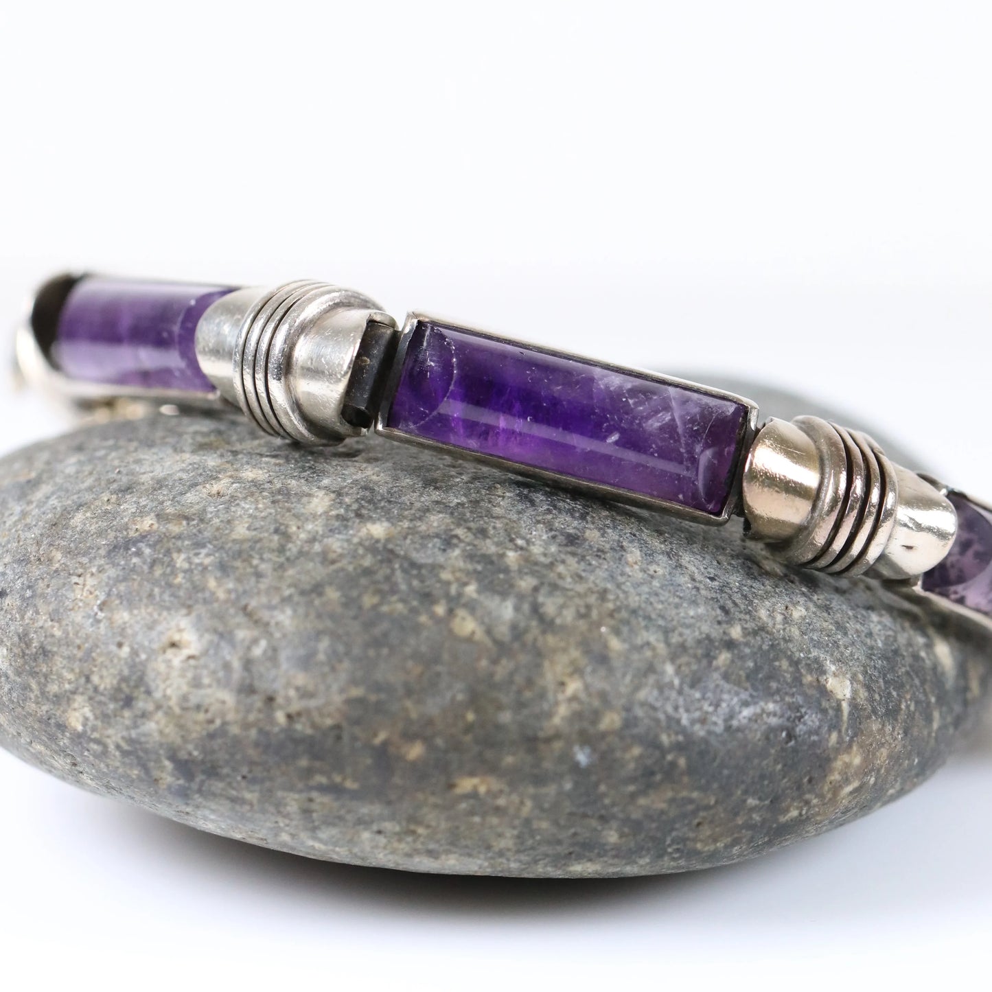 SOLD OUT: Vintage Antonio Pineda Taxco Silver Mexican Jewelry | Modernist Amethyst Silver Hinged Bracelet - Carmel Fine Silver Jewelry