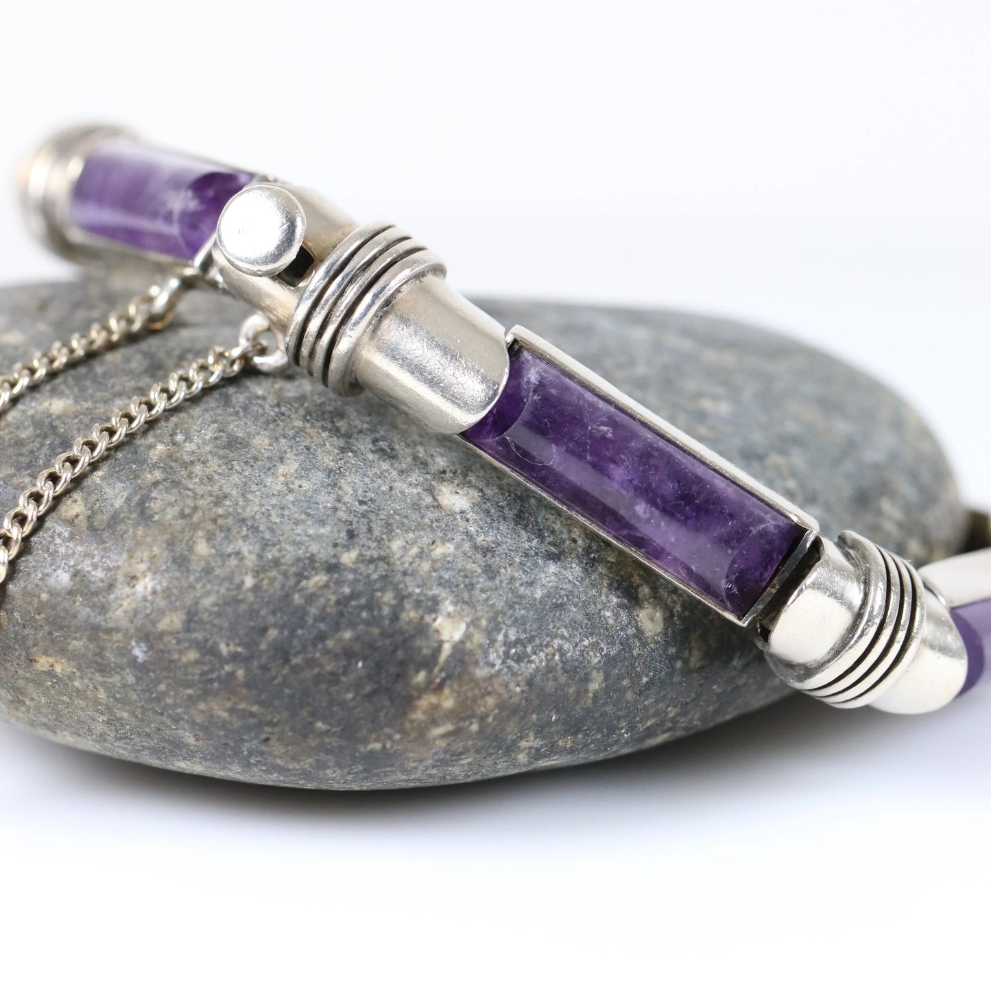 SOLD OUT: Vintage Antonio Pineda Taxco Silver Mexican Jewelry | Modernist Amethyst Silver Hinged Bracelet - Carmel Fine Silver Jewelry