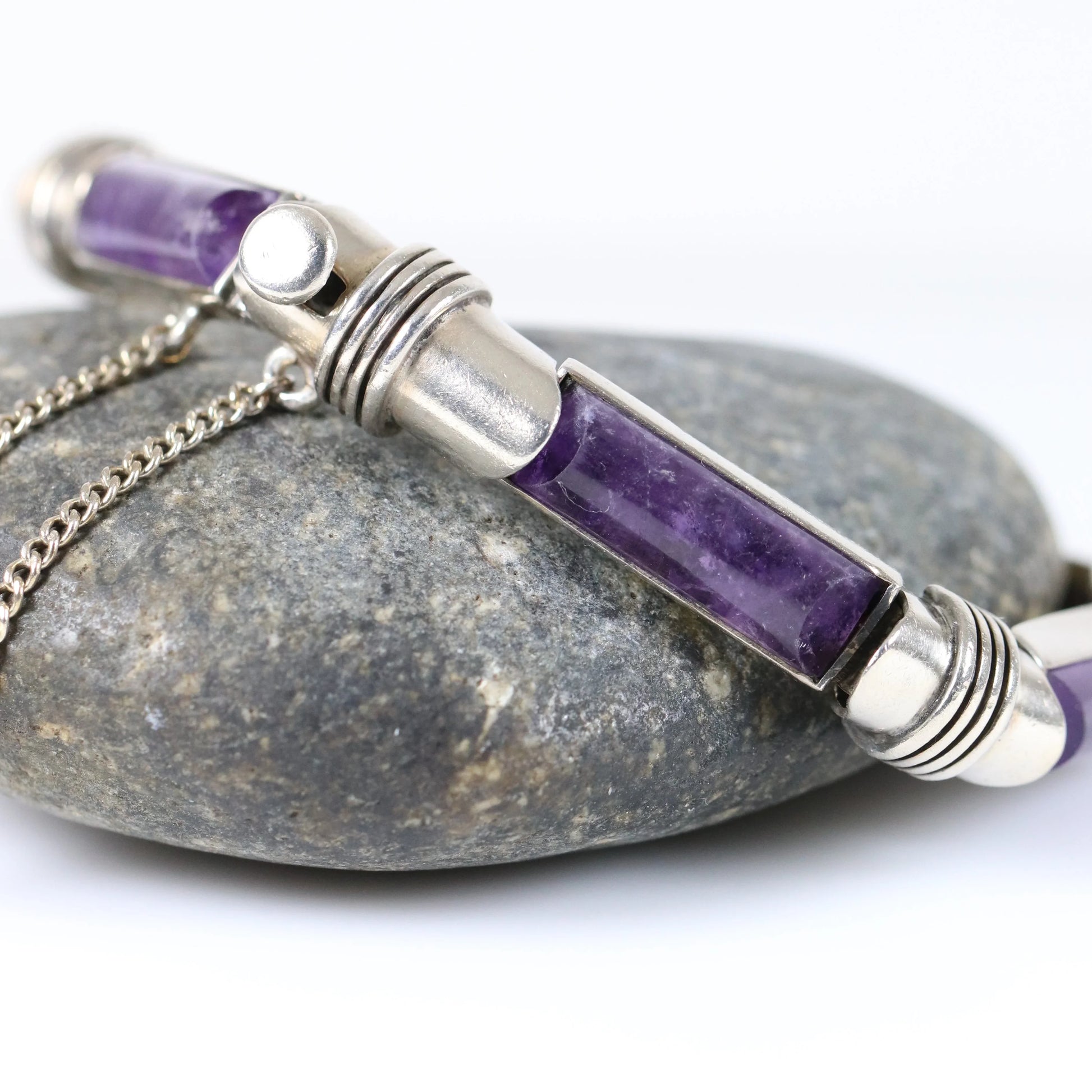 SOLD OUT: Vintage Antonio Pineda Taxco Silver Mexican Jewelry | Modernist Amethyst Silver Hinged Bracelet - Carmel Fine Silver Jewelry
