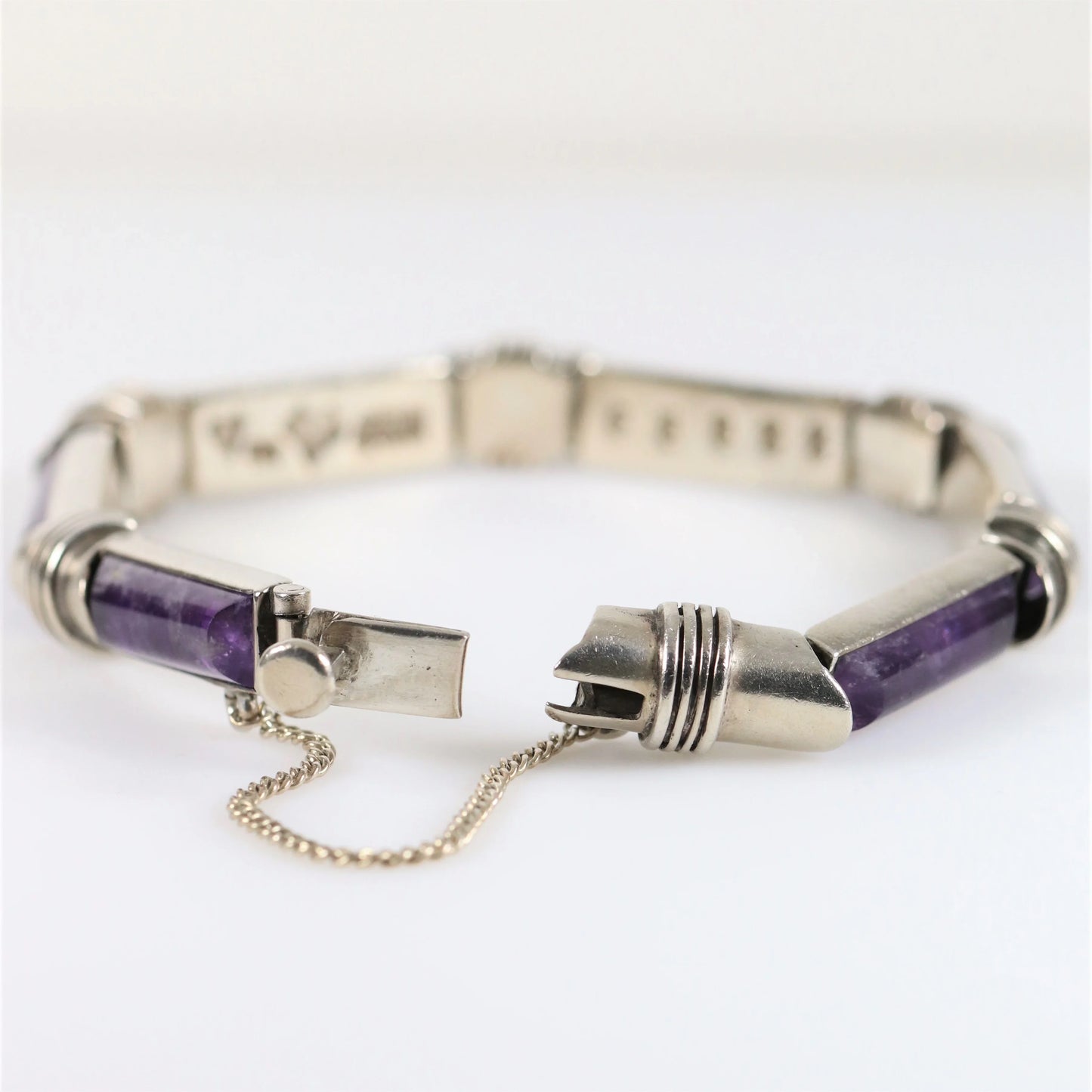 SOLD OUT: Vintage Antonio Pineda Taxco Silver Mexican Jewelry | Modernist Amethyst Silver Hinged Bracelet - Carmel Fine Silver Jewelry