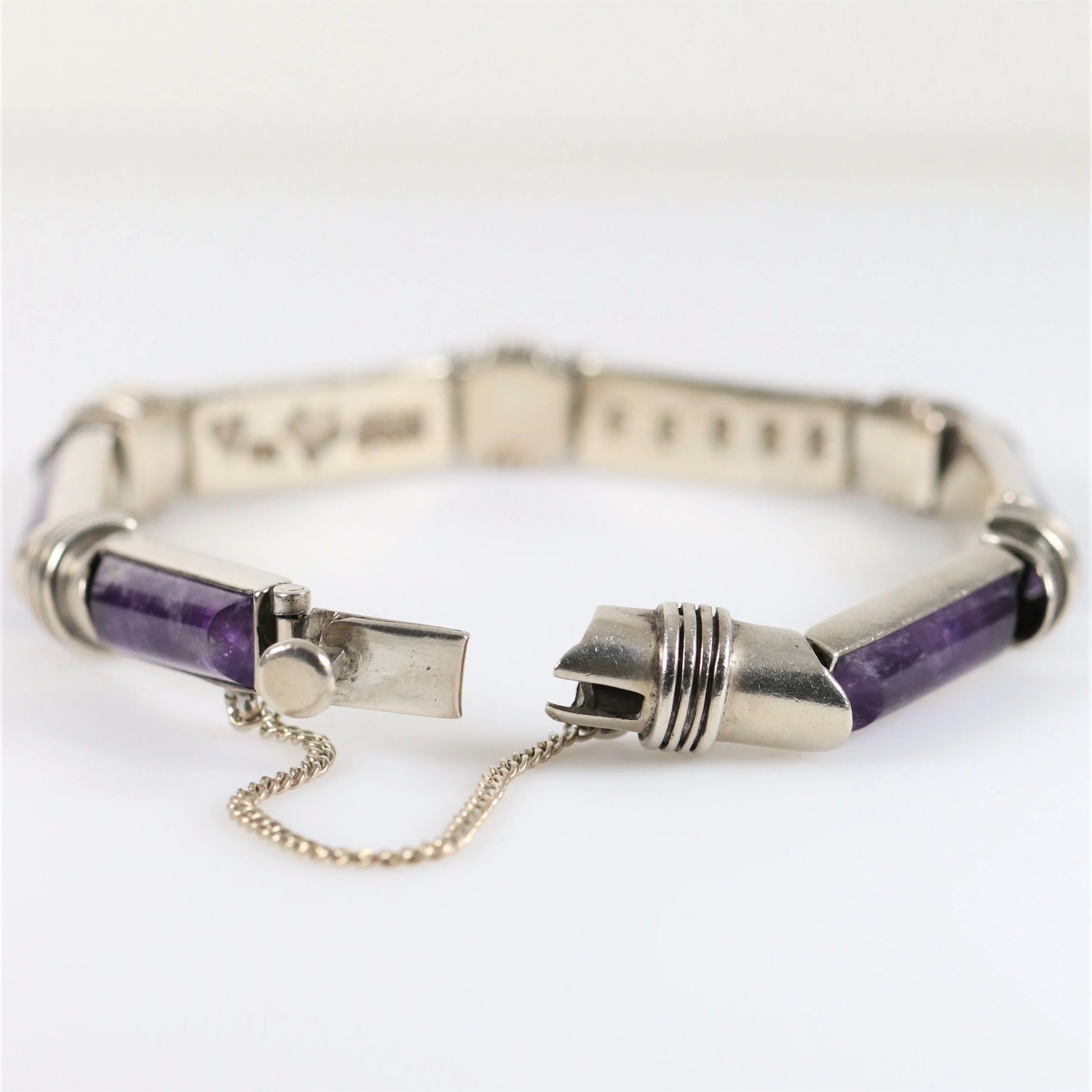 SOLD OUT: Vintage Antonio Pineda Taxco Silver Mexican Jewelry | Modernist Amethyst Silver Hinged Bracelet - Carmel Fine Silver Jewelry