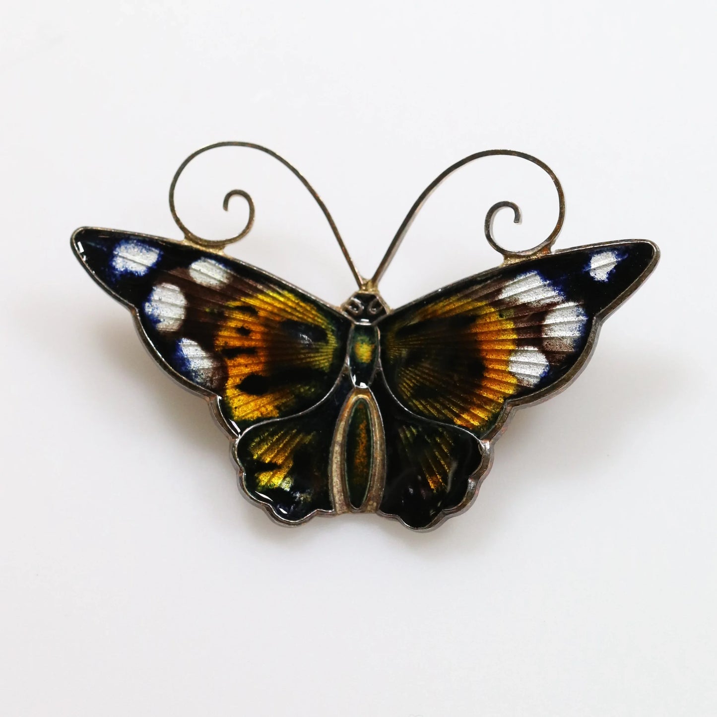 SOLD OUT: Vintage David Andersen Enamel Jewelry | Brown and White Enamel Butterfly Brooch - Carmel Fine Silver Jewelry