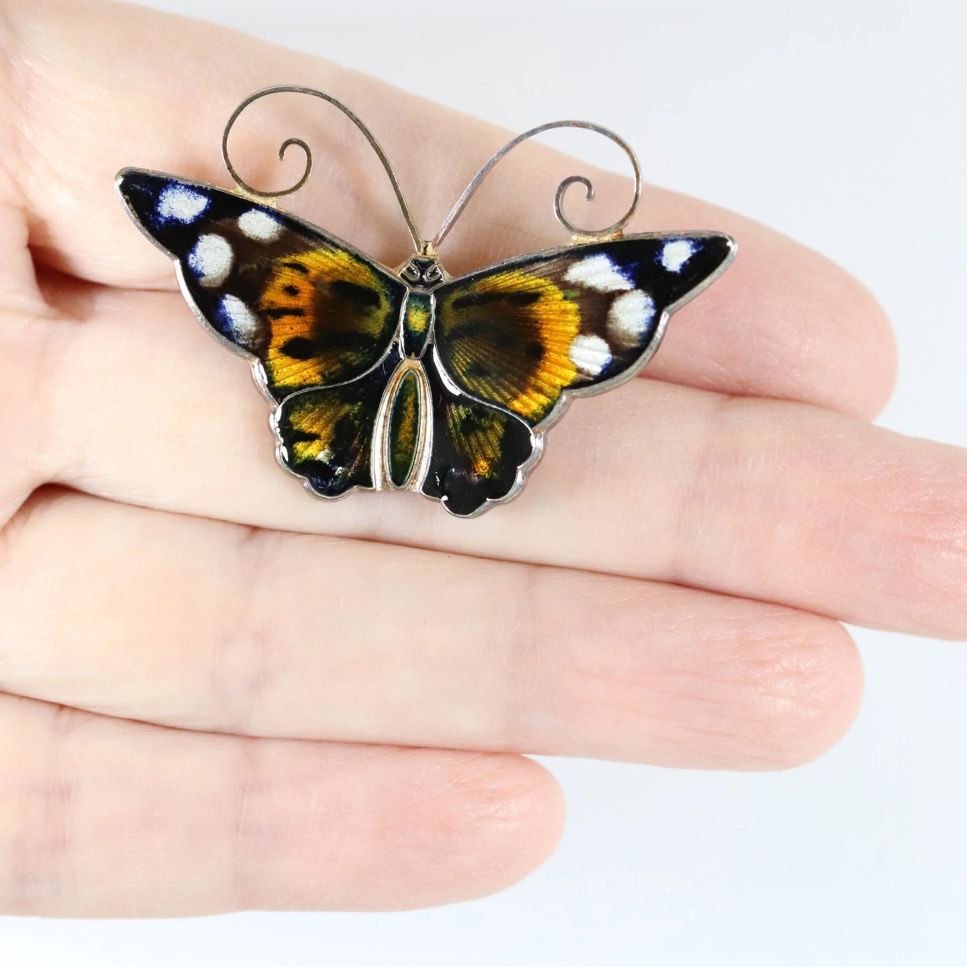 SOLD OUT: Vintage David Andersen Enamel Jewelry | Brown and White Enamel Butterfly Brooch - Carmel Fine Silver Jewelry
