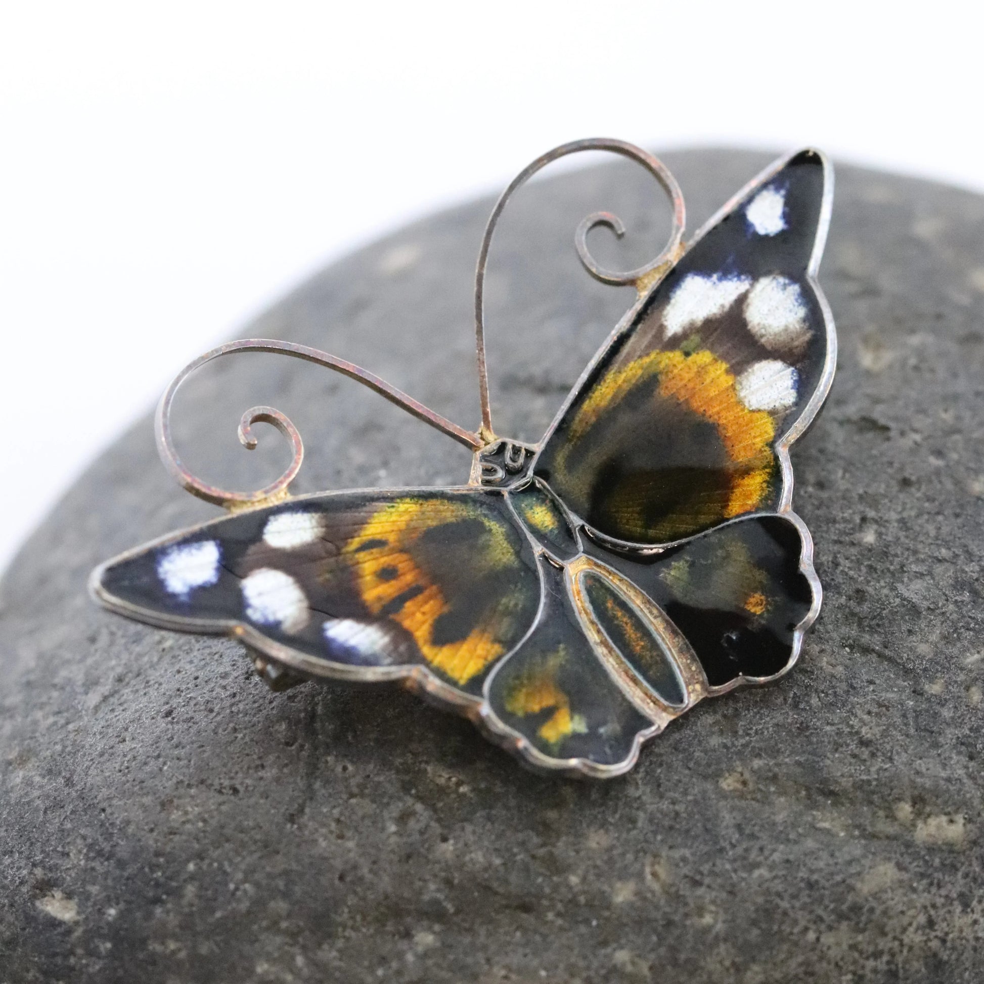 SOLD OUT: Vintage David Andersen Enamel Jewelry | Brown and White Enamel Butterfly Brooch - Carmel Fine Silver Jewelry