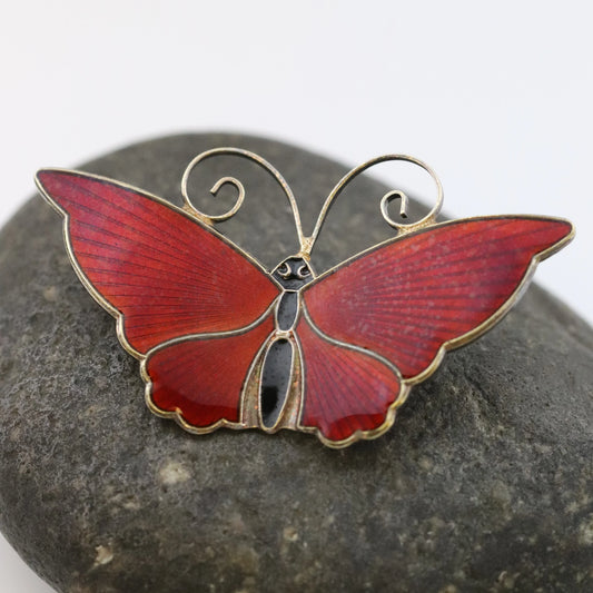 SOLD OUT: Vintage David Andersen Enamel Jewelry | Extra Large Red Guilloche Butterfly Brooch - Carmel Fine Silver Jewelry