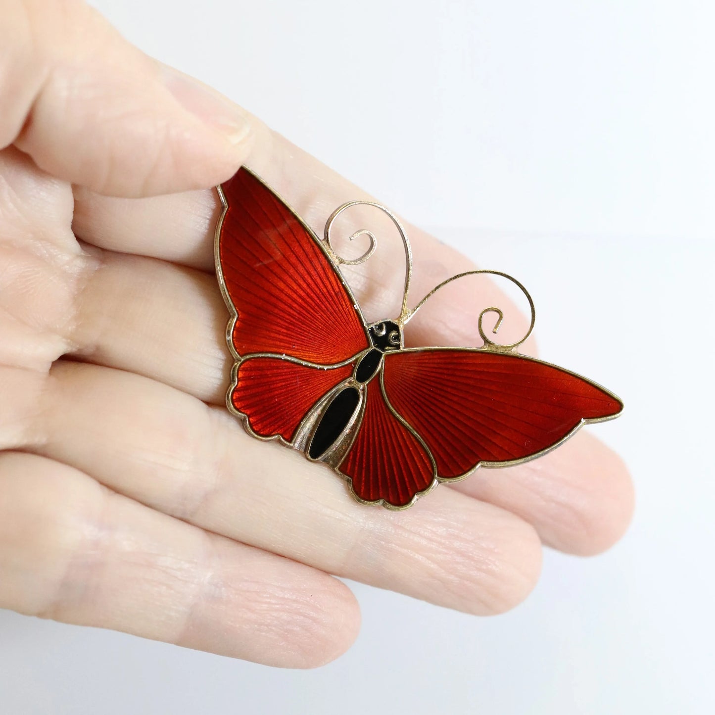 SOLD OUT: Vintage David Andersen Enamel Jewelry | Extra Large Red Guilloche Butterfly Brooch - Carmel Fine Silver Jewelry