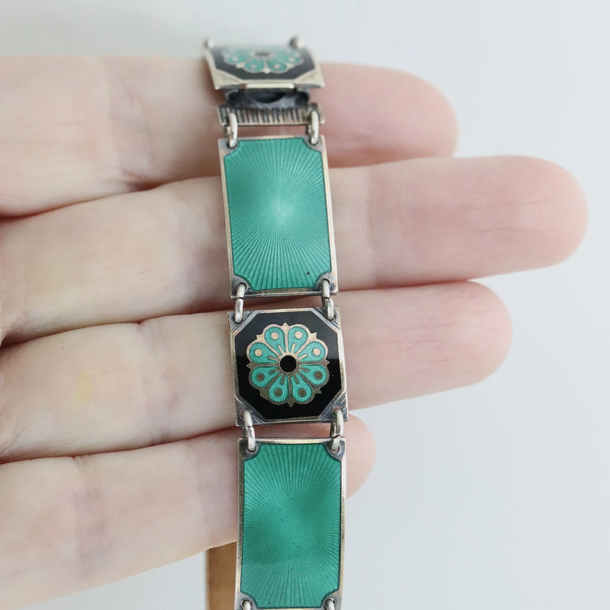 SOLD OUT: Vintage David Andersen Jewelry | Green Guilloché Enamel Link Bracelet Norway - Carmel Fine Silver Jewelry