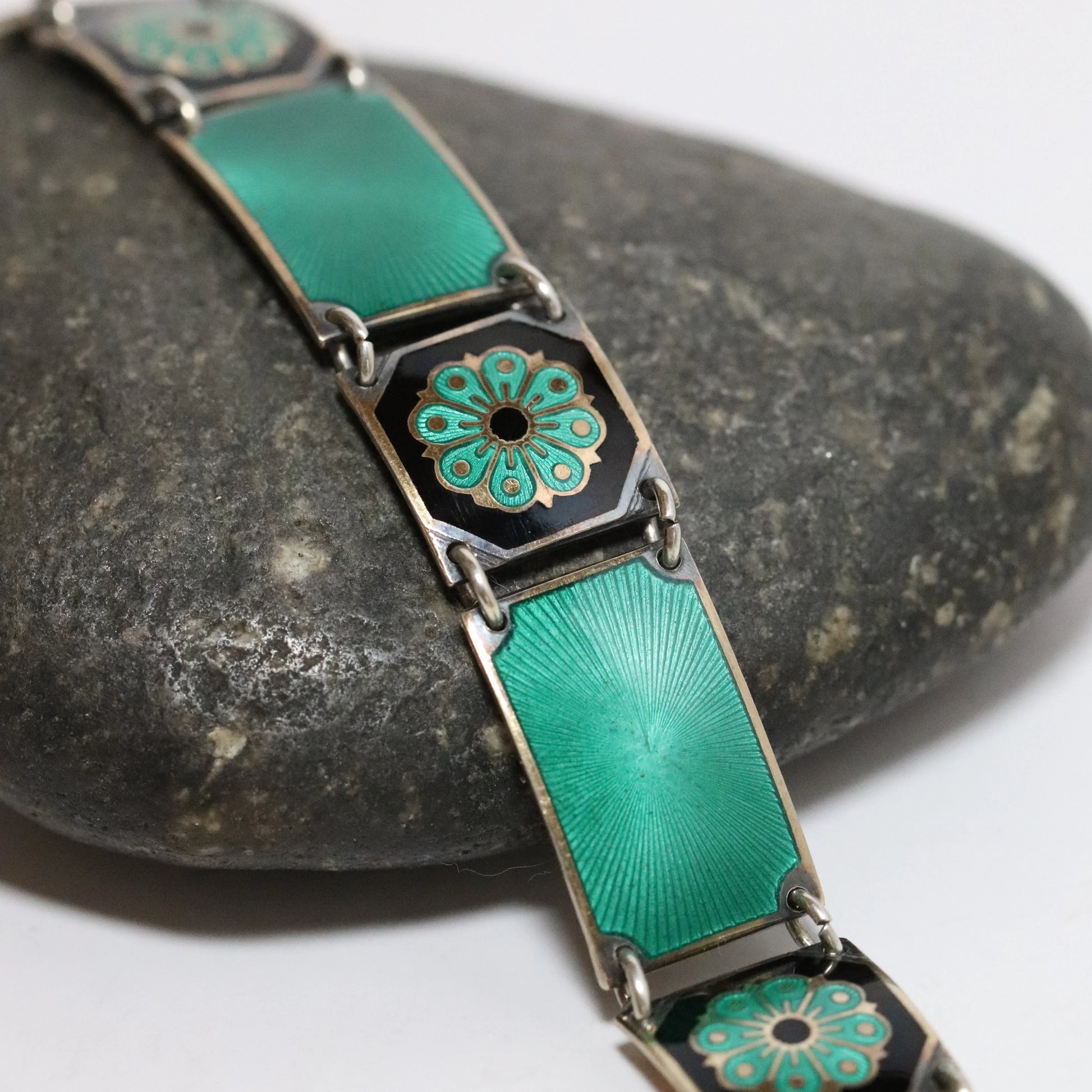 SOLD OUT: Vintage David Andersen Jewelry | Green Guilloché Enamel Link Bracelet Norway - Carmel Fine Silver Jewelry