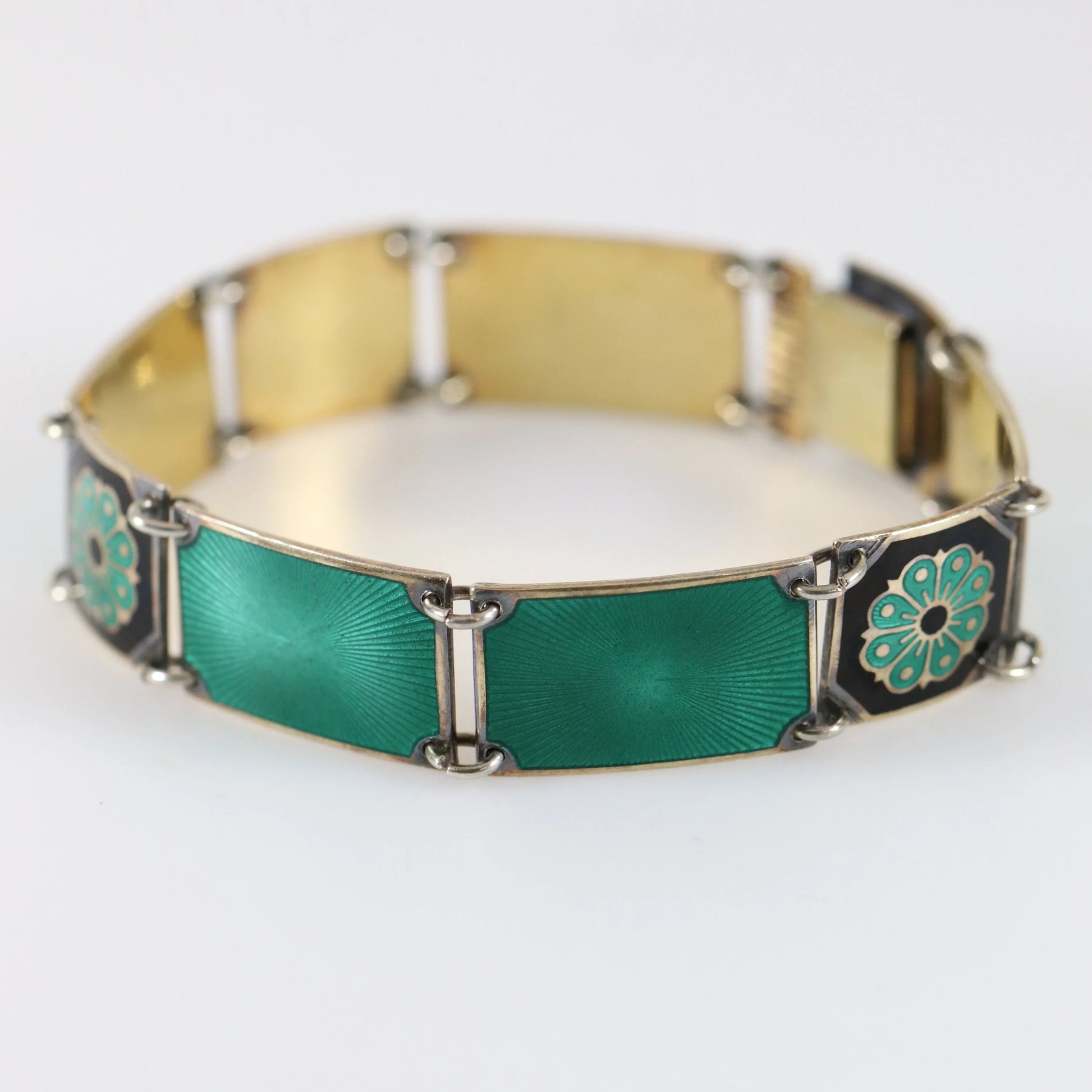 SOLD OUT: Vintage David Andersen Jewelry | Green Guilloché Enamel Link Bracelet Norway - Carmel Fine Silver Jewelry