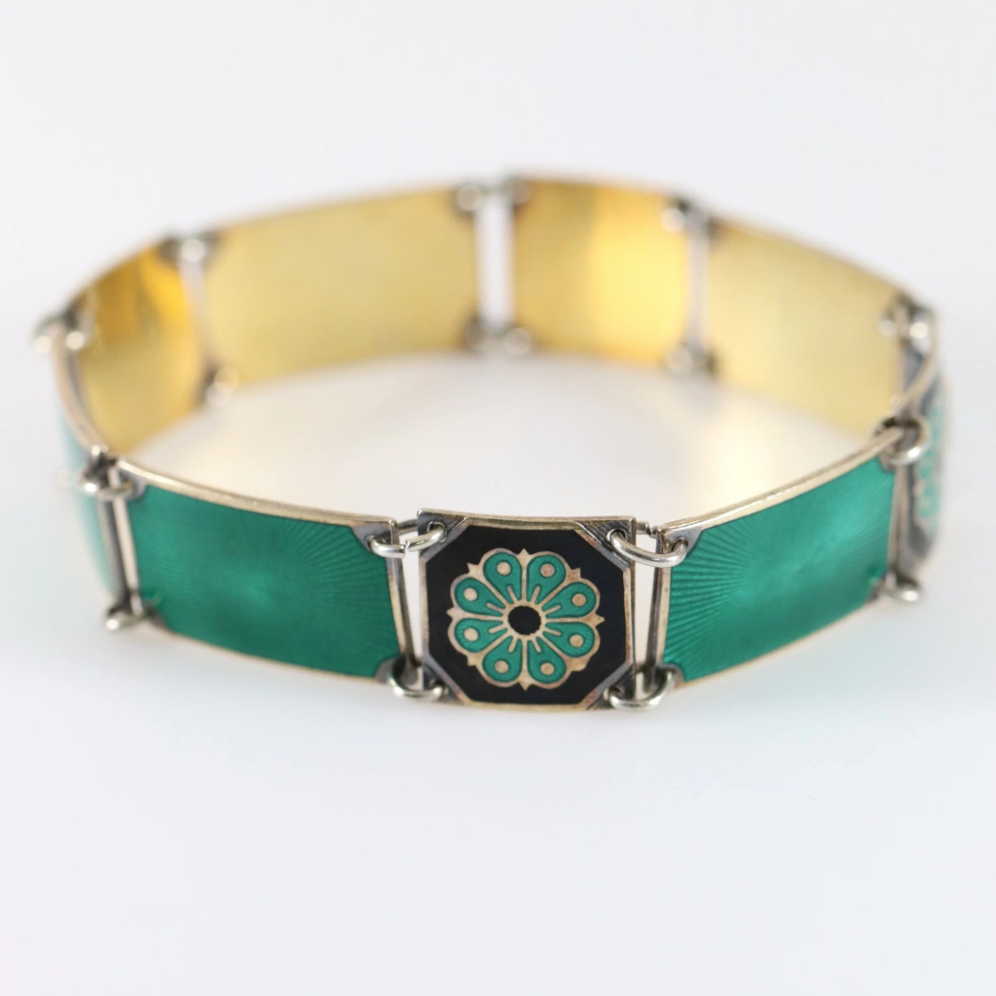 SOLD OUT: Vintage David Andersen Jewelry | Green Guilloché Enamel Link Bracelet Norway - Carmel Fine Silver Jewelry