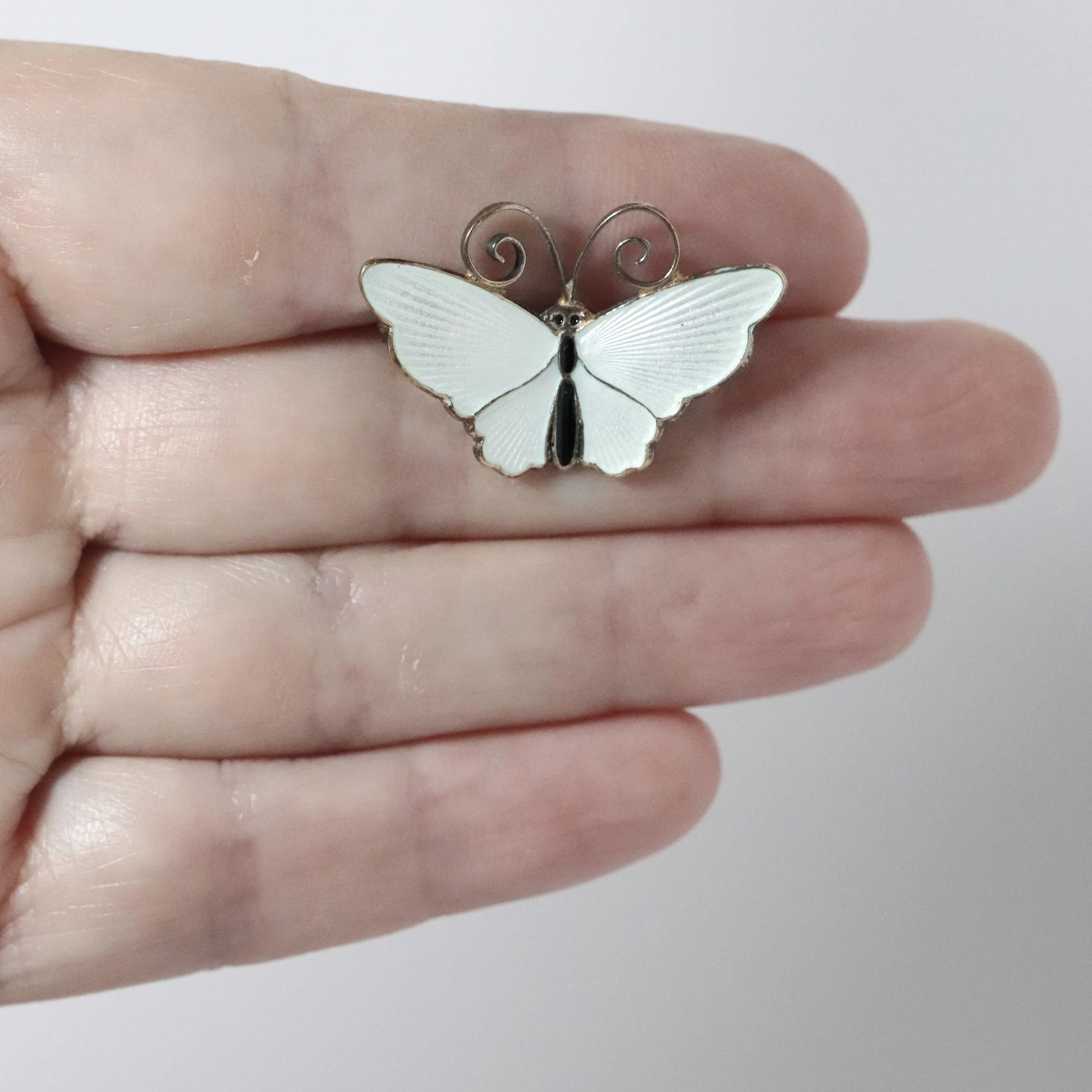 SOLD OUT: Vintage David Andersen Jewelry | Petite White Guilloche Enamel Butterfly Brooch Norway - Carmel Fine Silver Jewelry