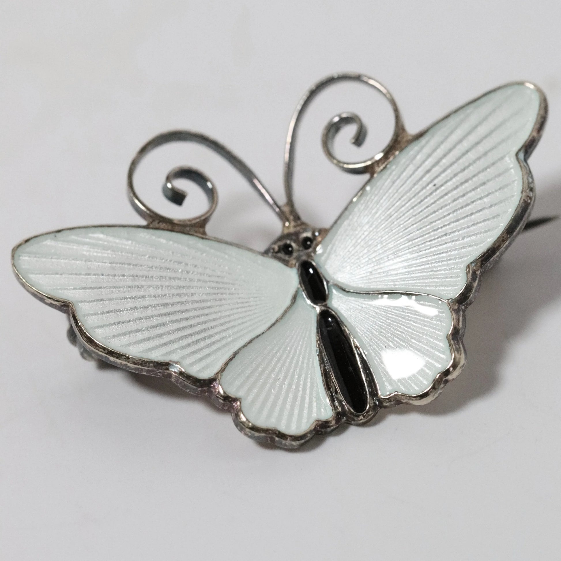 SOLD OUT: Vintage David Andersen Jewelry | Petite White Guilloche Enamel Butterfly Brooch Norway - Carmel Fine Silver Jewelry