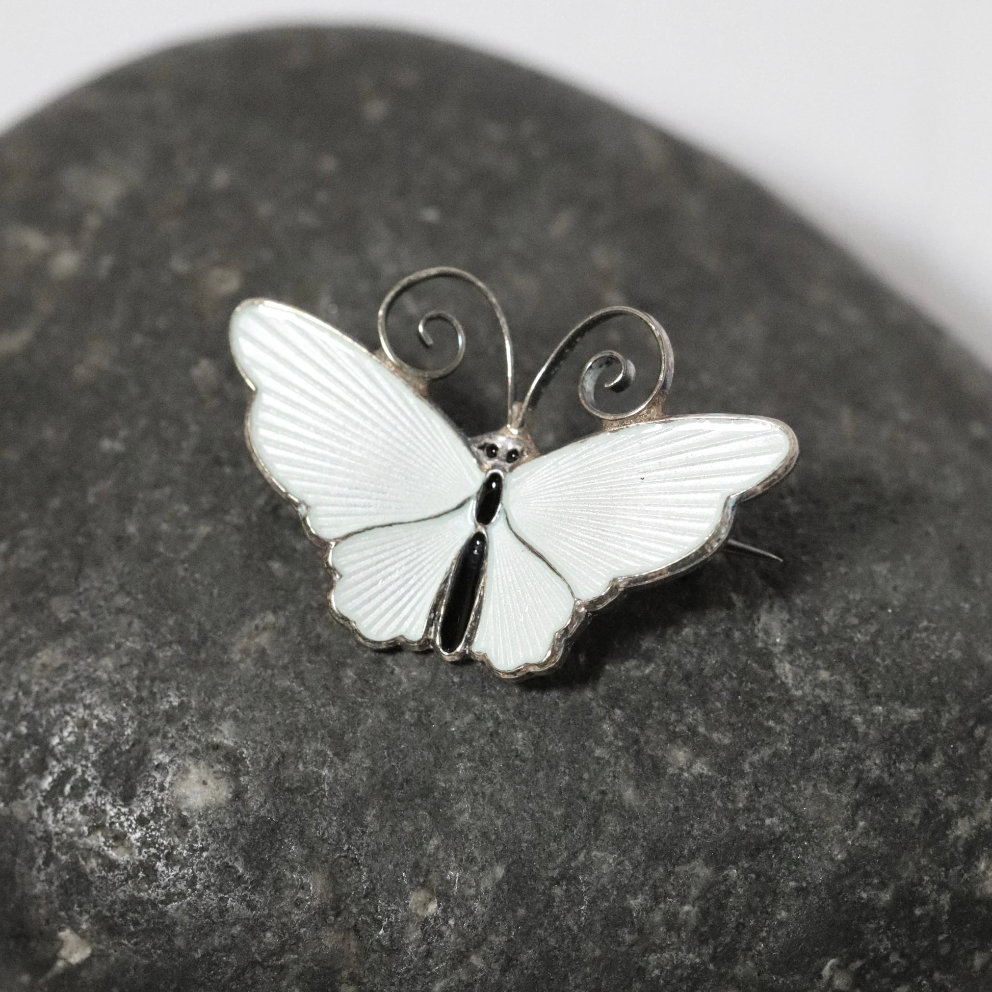 SOLD OUT: Vintage David Andersen Jewelry | Petite White Guilloche Enamel Butterfly Brooch Norway - Carmel Fine Silver Jewelry