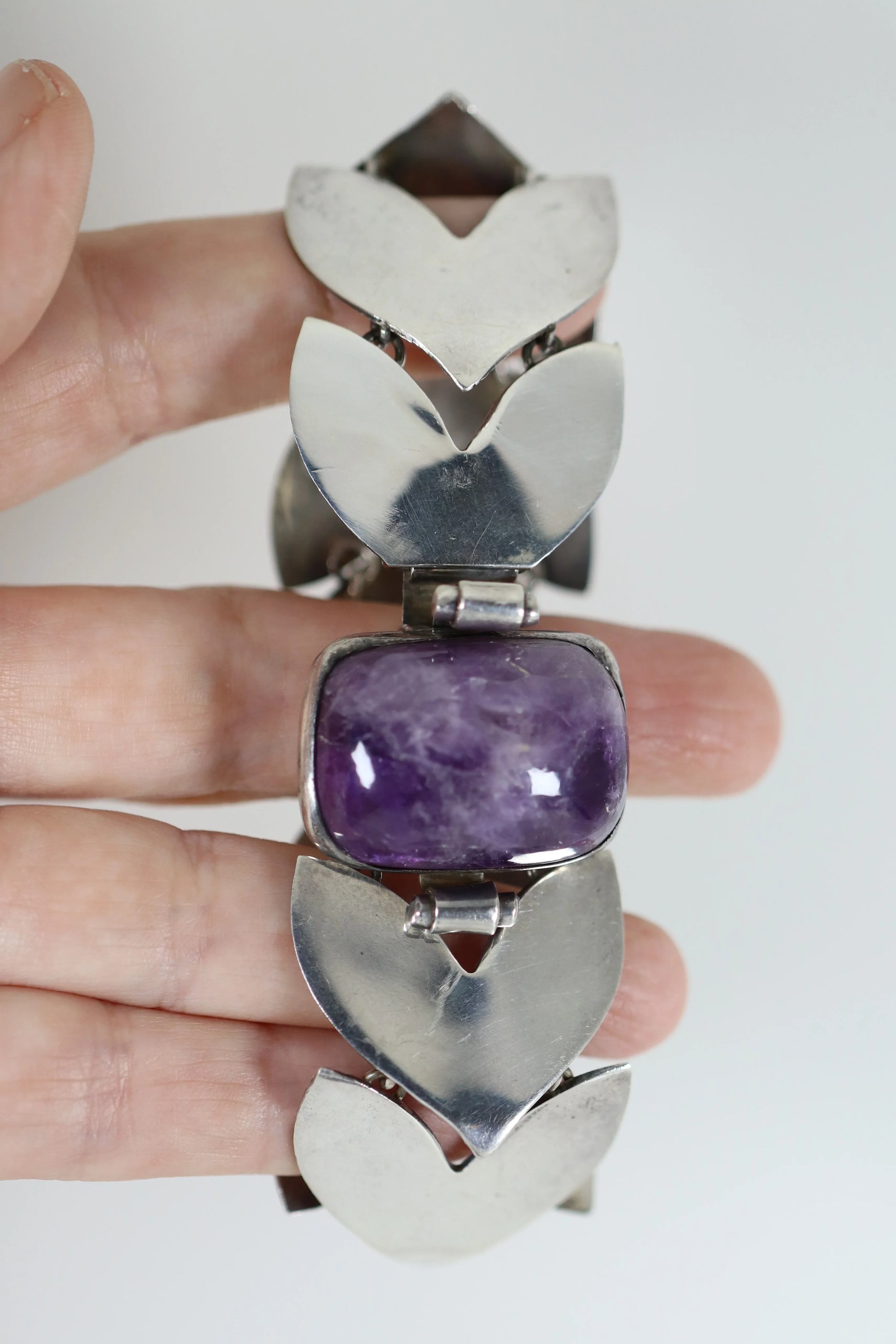SOLD OUT: Vintage Fred Davis Taxco Silver Mexican Jewelry | Handcrafted Amethyst Link Bracelet - Carmel Fine Silver Jewelry
