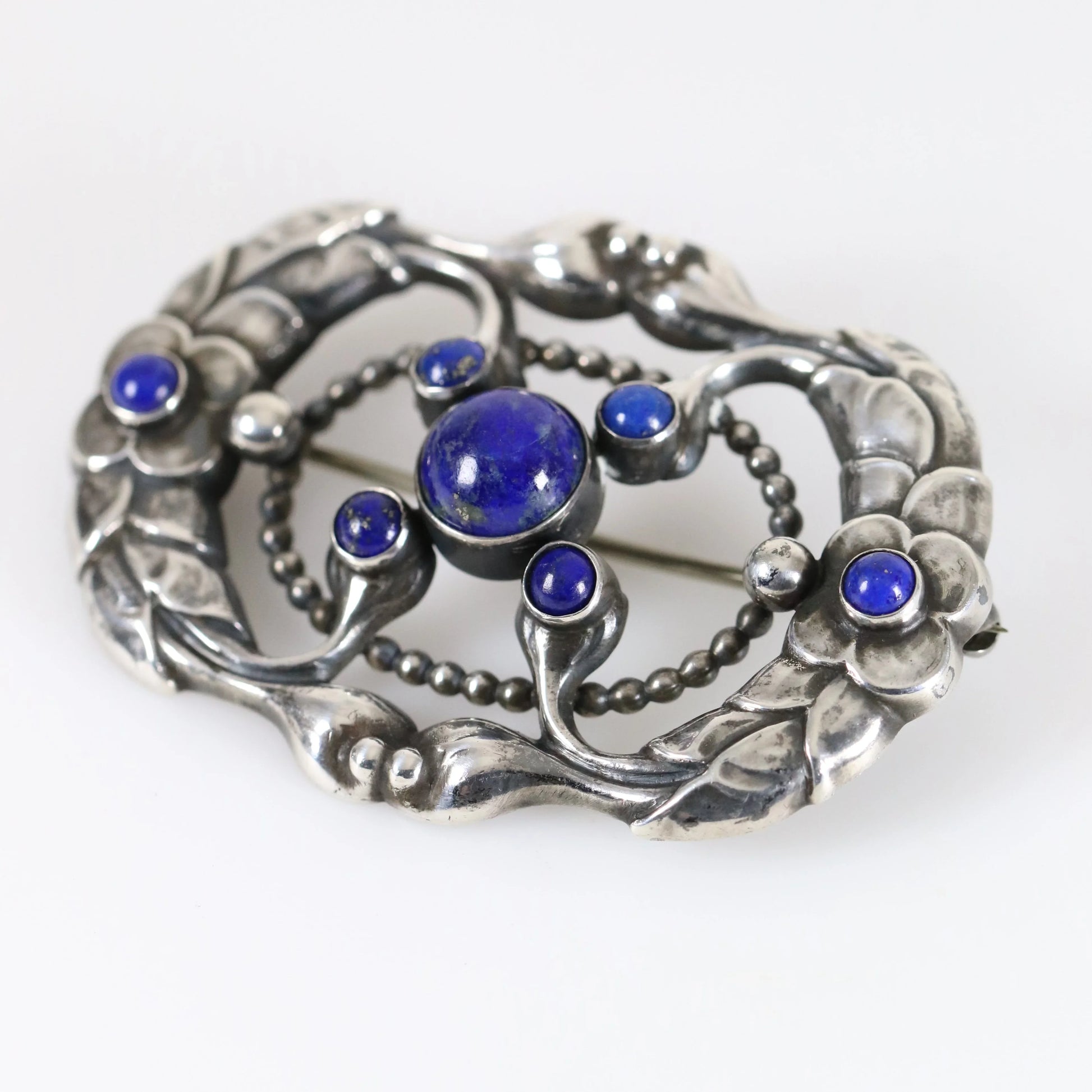 SOLD OUT: Vintage Georg Jensen Jewelry | Art Nouveau Brooch 76 Lapis Lazuli Denmark - Carmel Fine Silver Jewelry