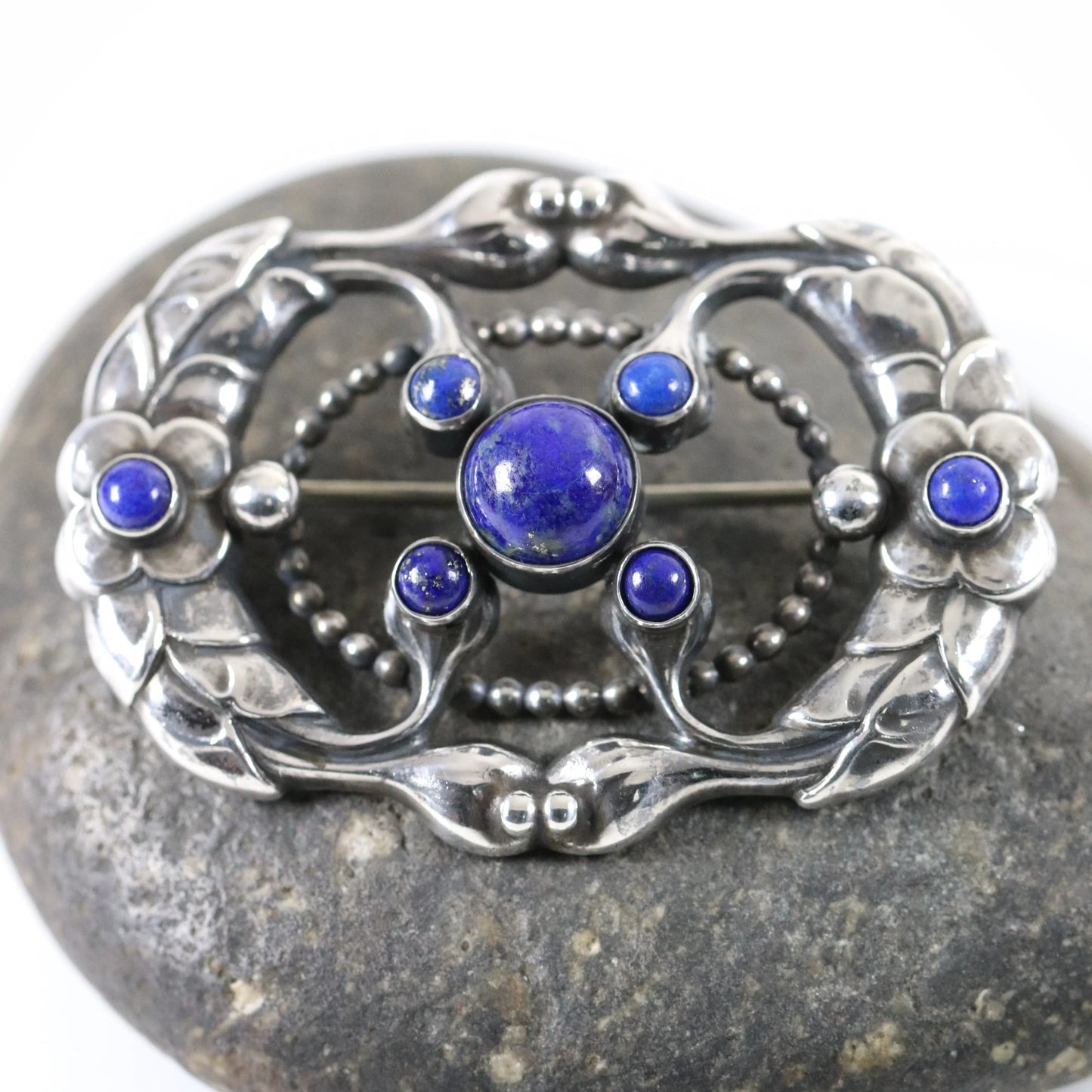 SOLD OUT: Vintage Georg Jensen Jewelry | Art Nouveau Brooch 76 Lapis Lazuli Denmark - Carmel Fine Silver Jewelry