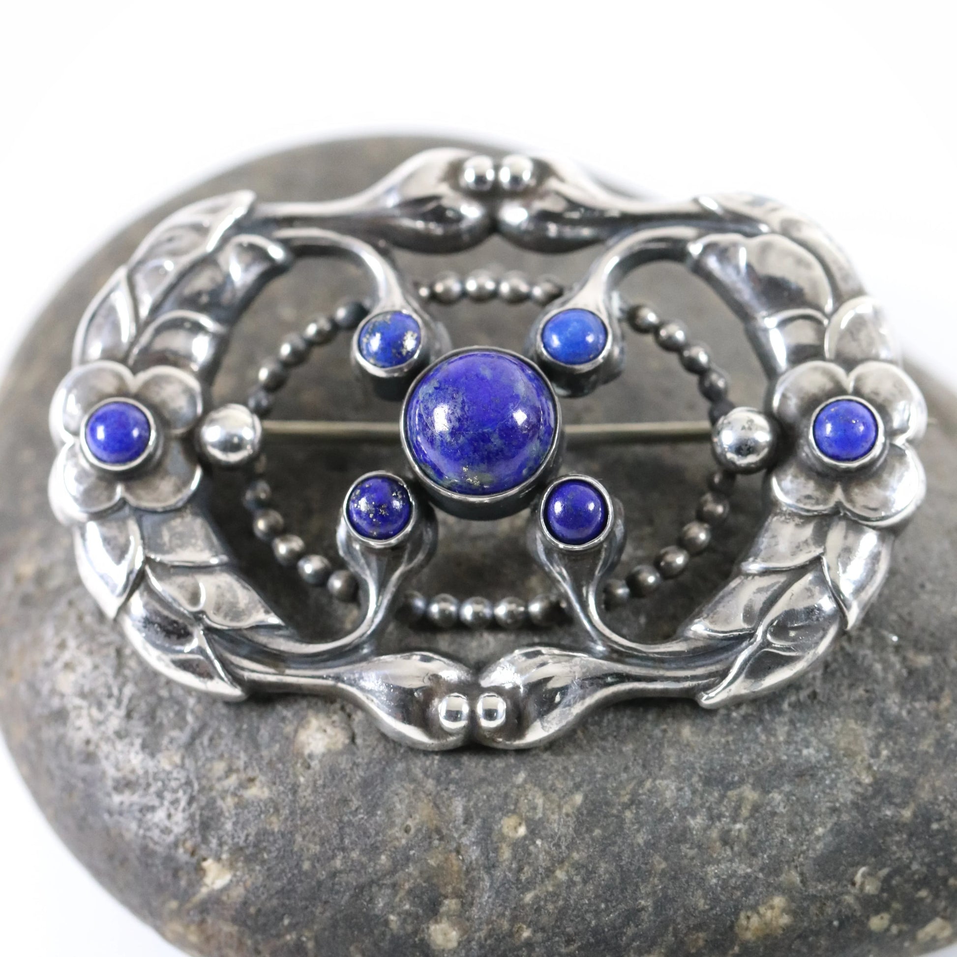 SOLD OUT: Vintage Georg Jensen Jewelry | Art Nouveau Brooch 76 Lapis Lazuli Denmark - Carmel Fine Silver Jewelry