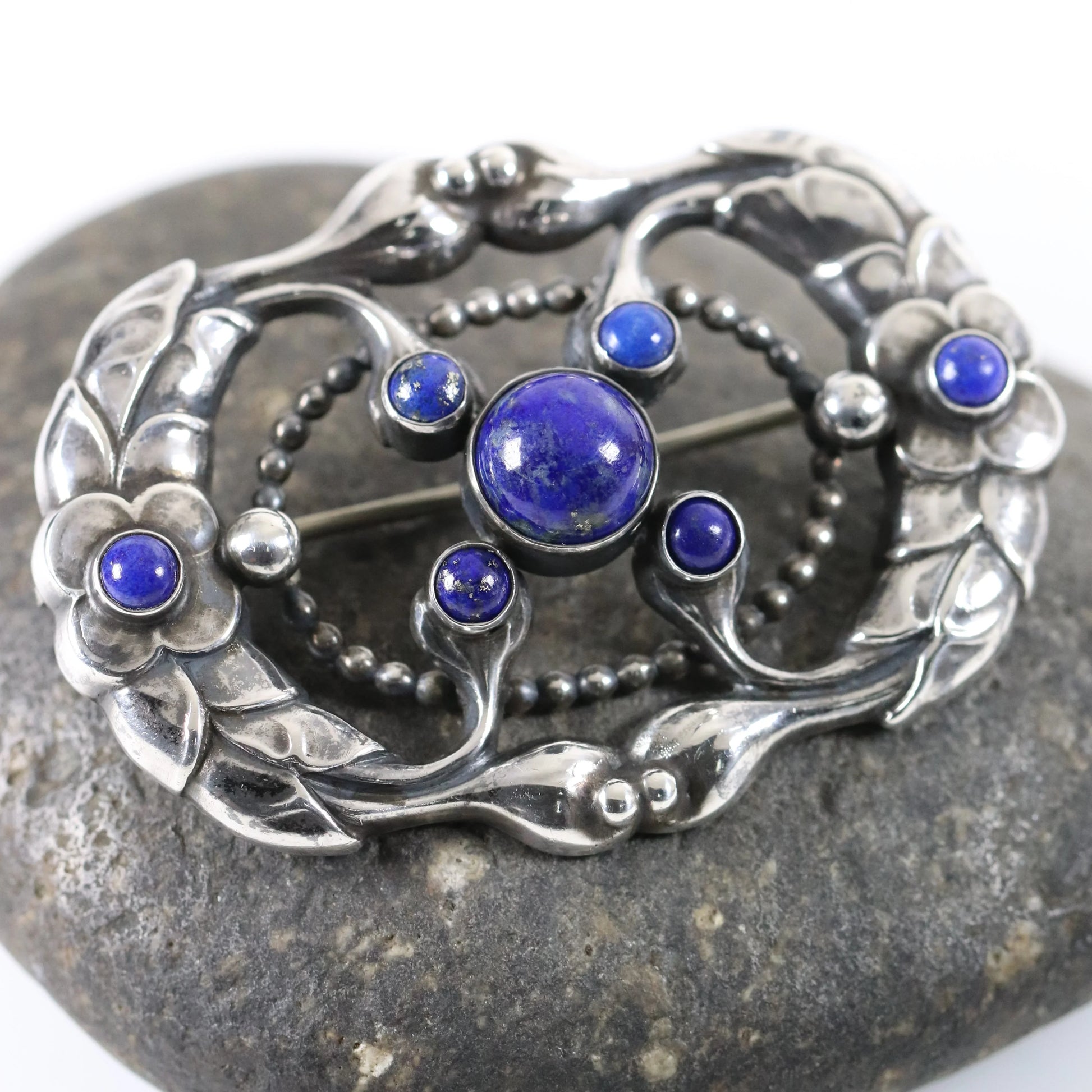 SOLD OUT: Vintage Georg Jensen Jewelry | Art Nouveau Brooch 76 Lapis Lazuli Denmark - Carmel Fine Silver Jewelry